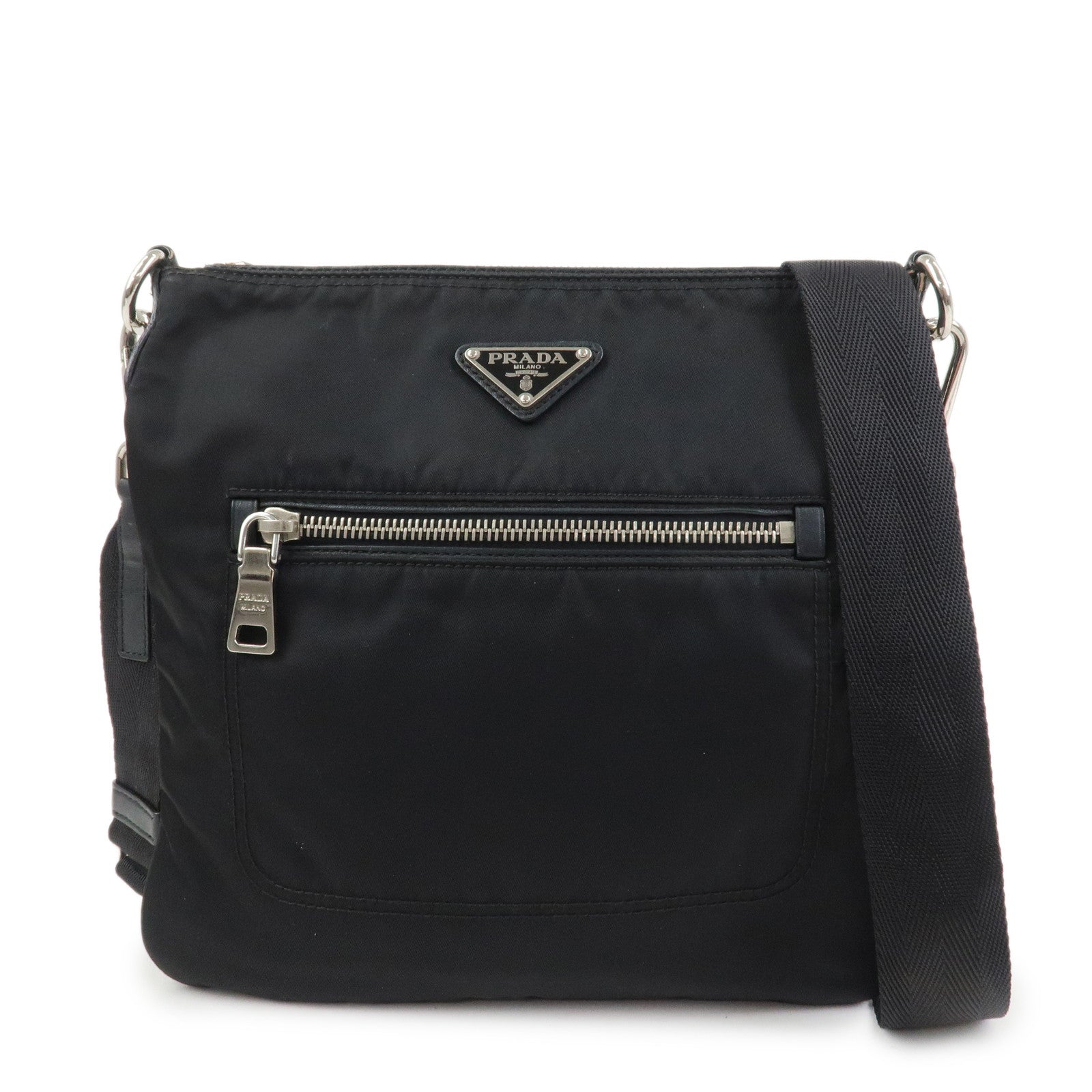 PRADA Triangle Logo Nylon Leather Shoulder Bag Black BT0716