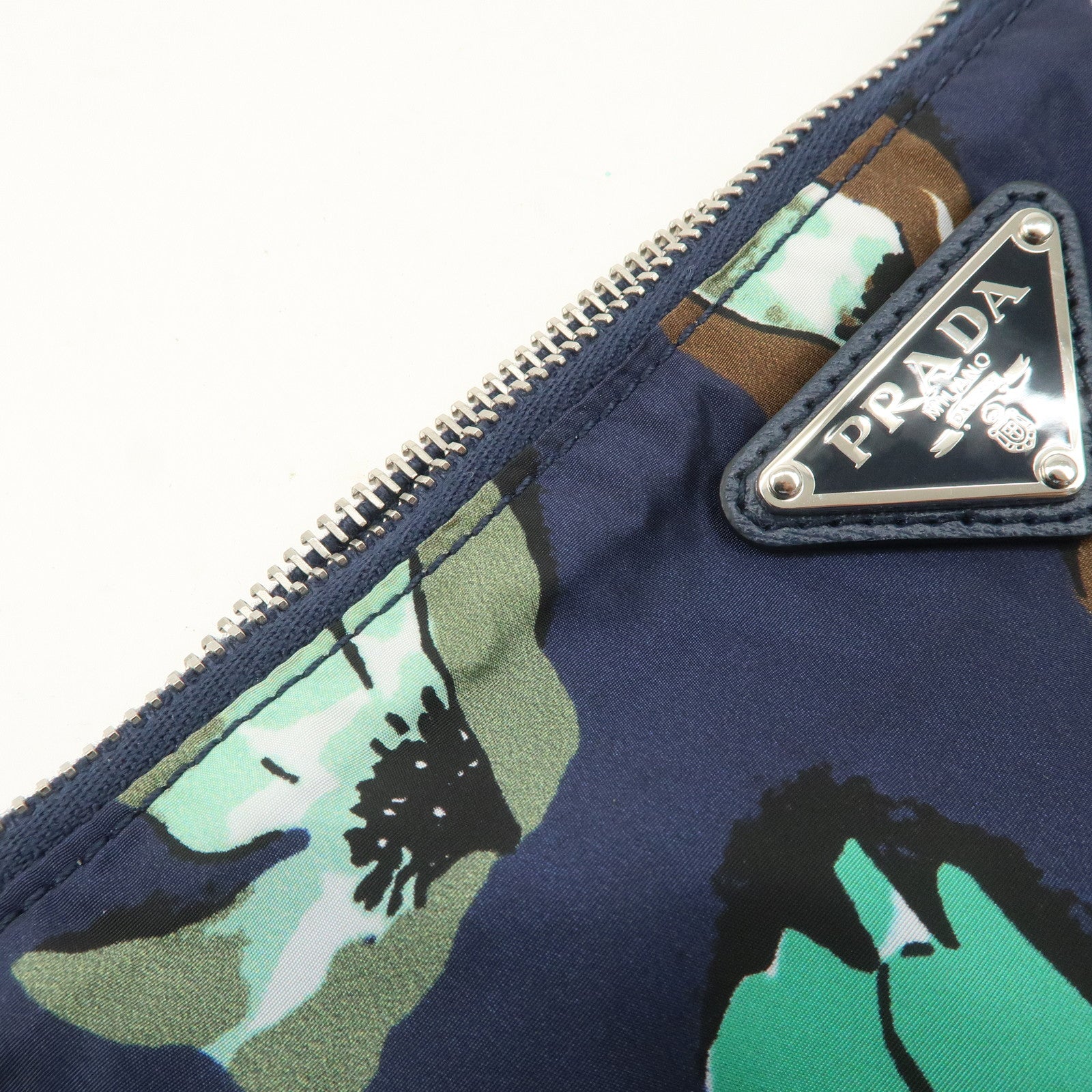 PRADA Triangle Logo Nylon Tote Bag w/Pouch Flower Print Navy B4626B Used