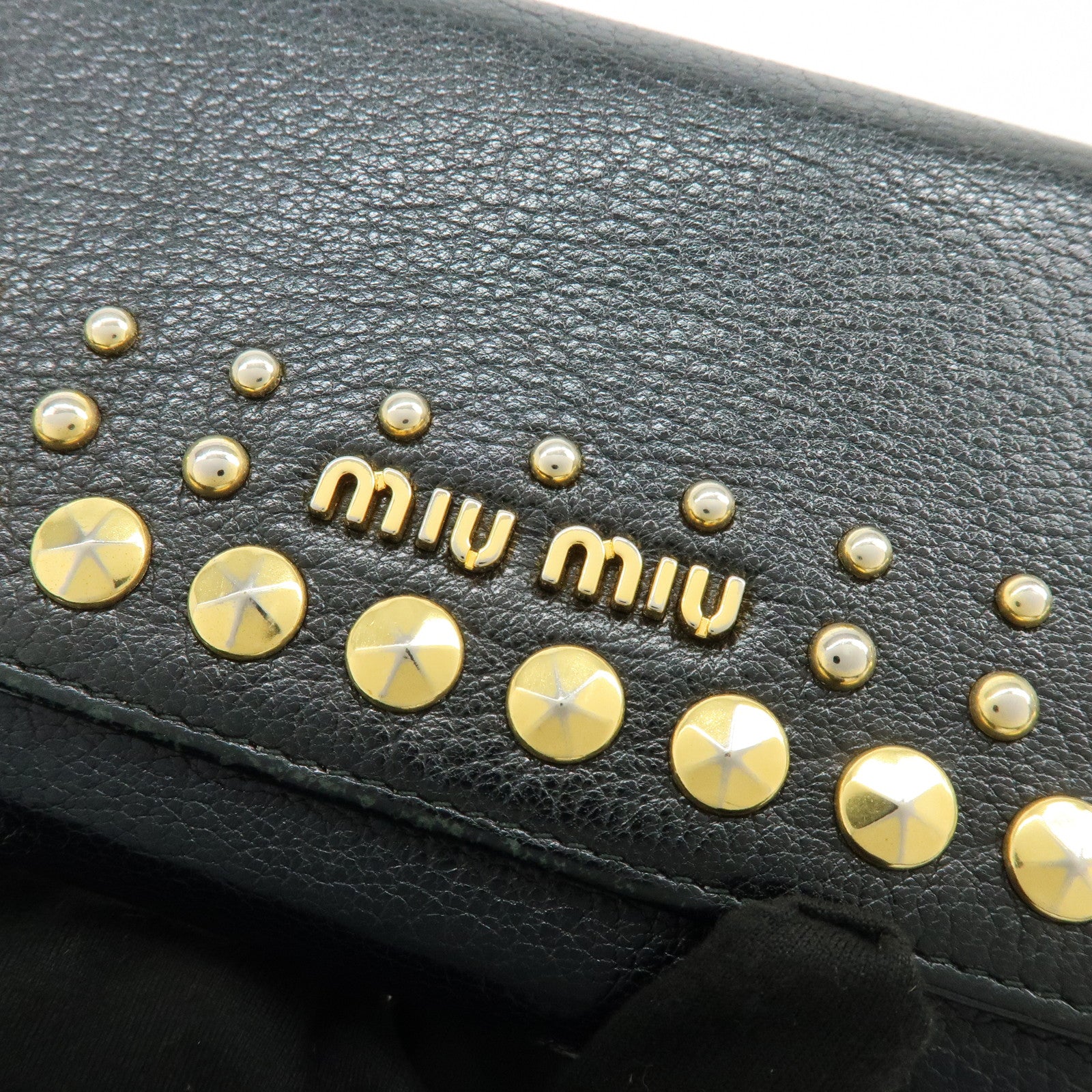 MIU MIU Logo Leather Studs Flap Long Wallet Black 5M1109
