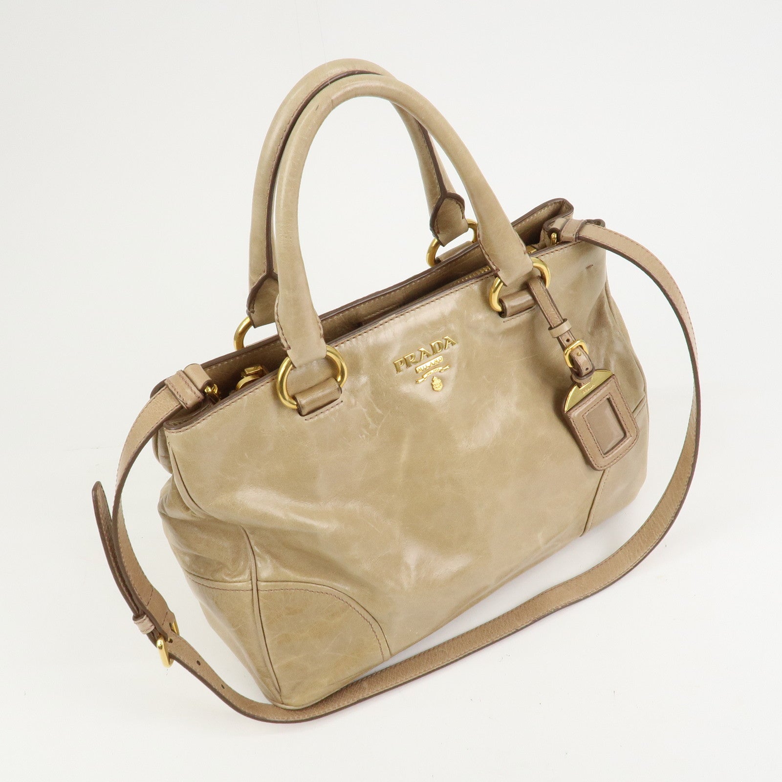 PRADA Logo Leather 2Way Bag Hand Bag Shoulder Bag Beige BN2323