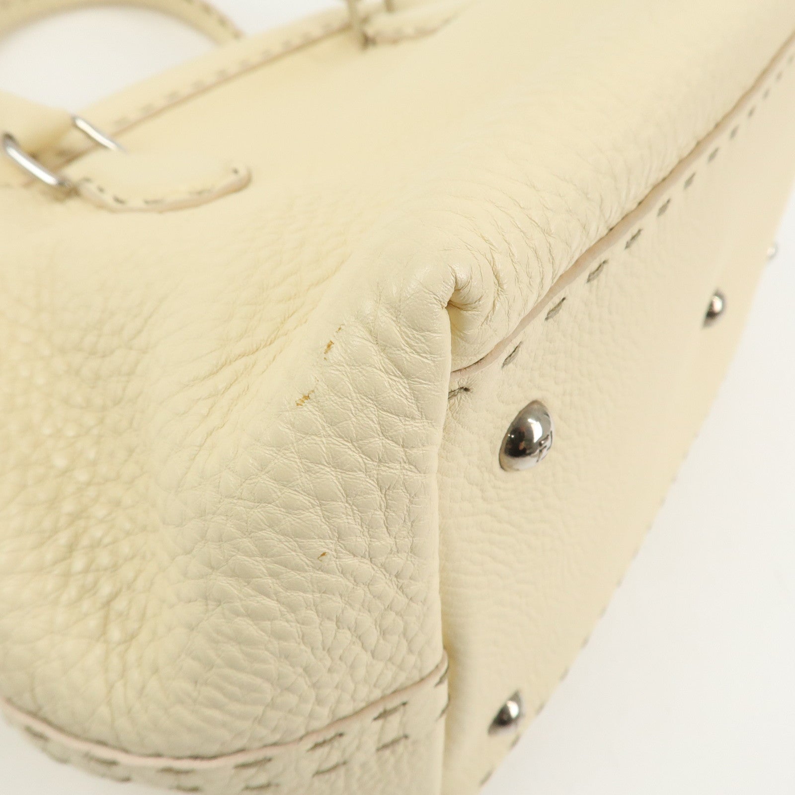 FENDI Selleria Leather Boston Bag Hand Bag Cream 8BN127