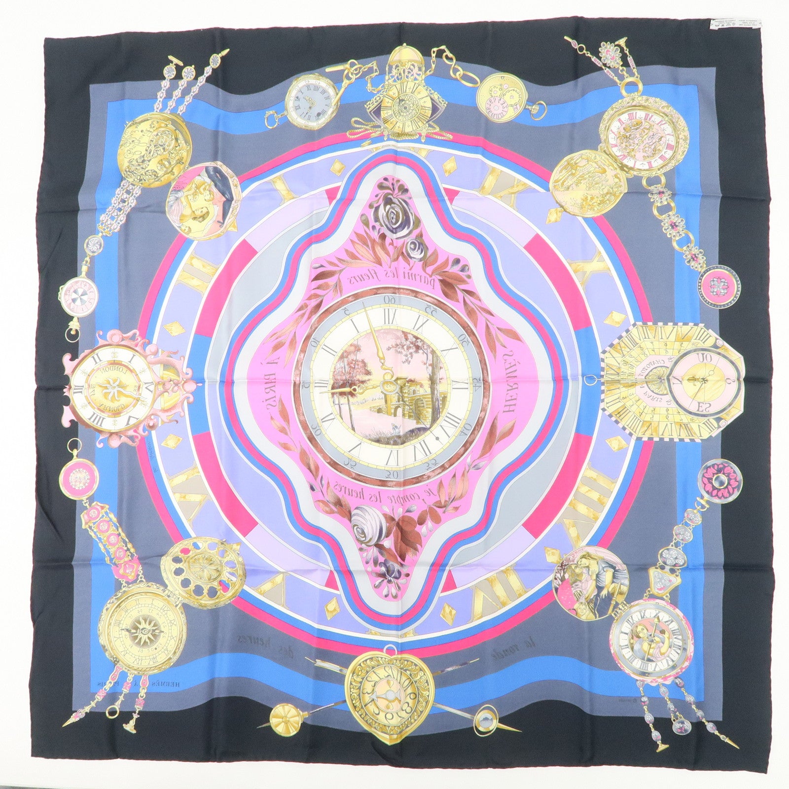 HERMES Carre 90 Silk 100% Scarf Parmi les fleurs je compte les heures Black