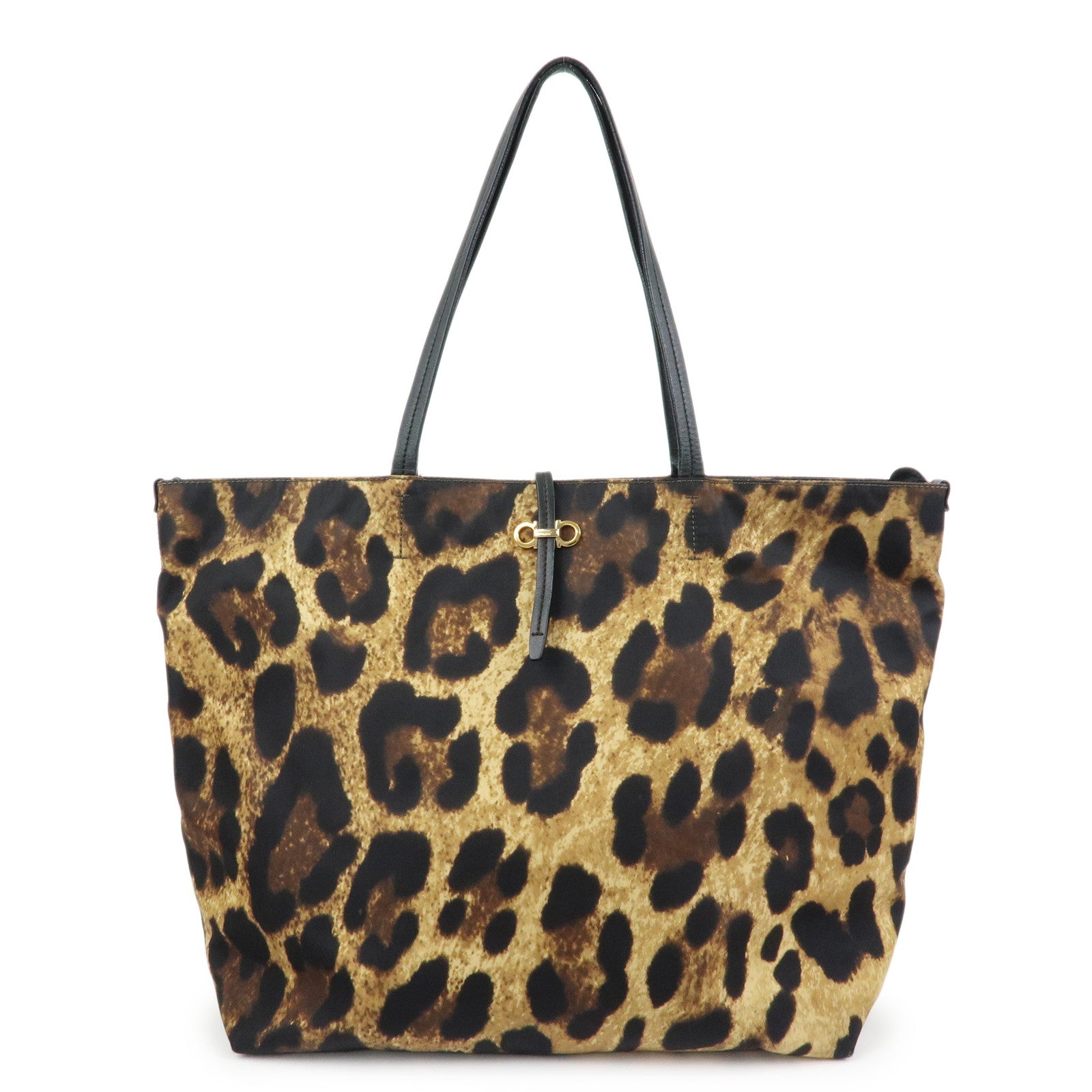 Ferragamo Gancini Nylon Leather Leopard Tote Bag Shoulder Bag Brown