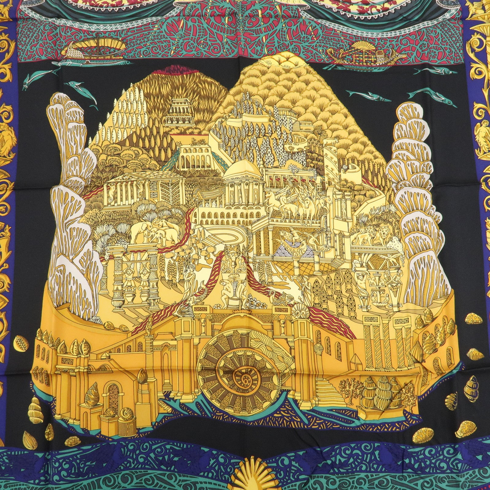 HERMES Carre 90 Silk 100% Scarf Black Yellow Used