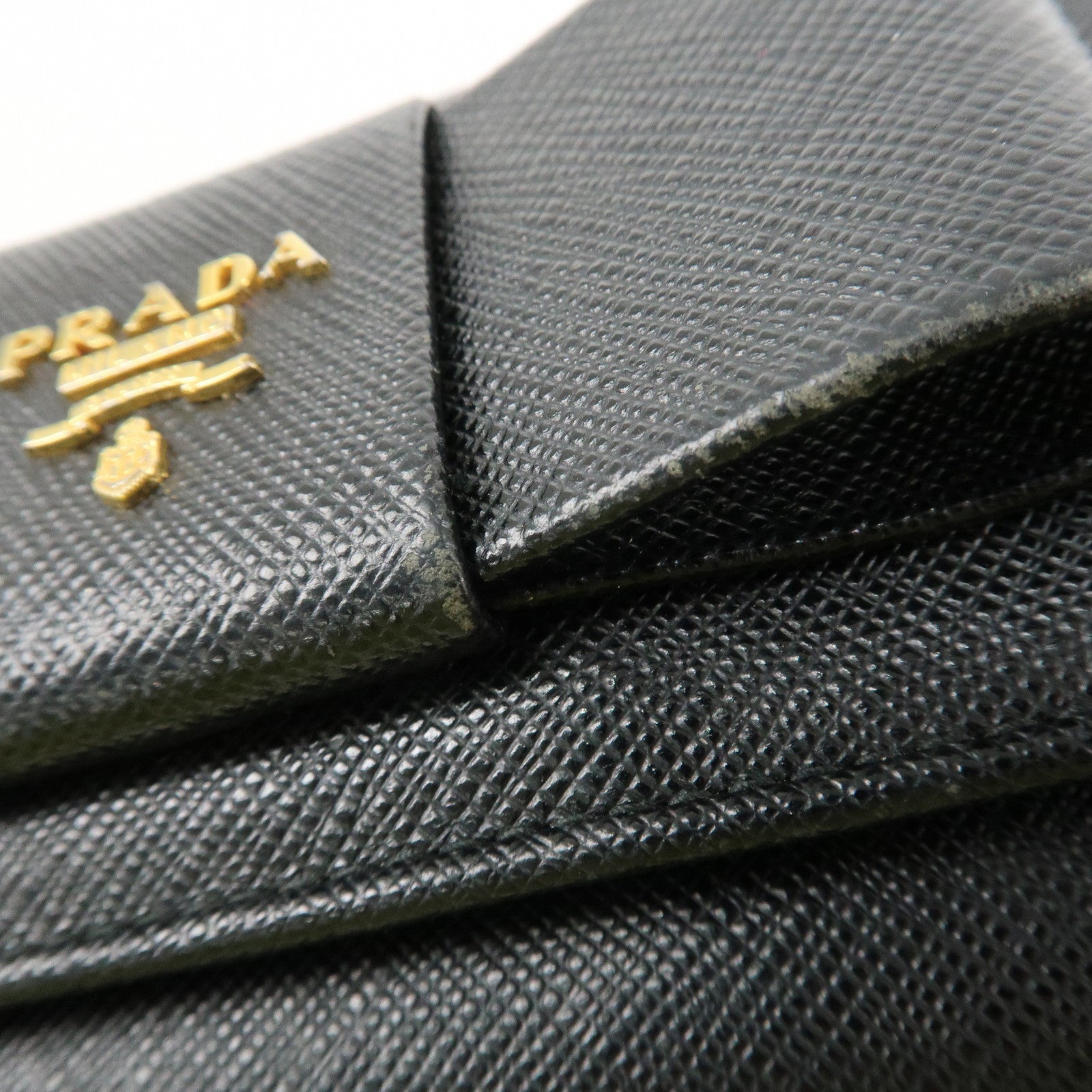 PRADA Saffiano Leather Flap Bi-Fold Long Wallet Black Gold 1MH132 Used