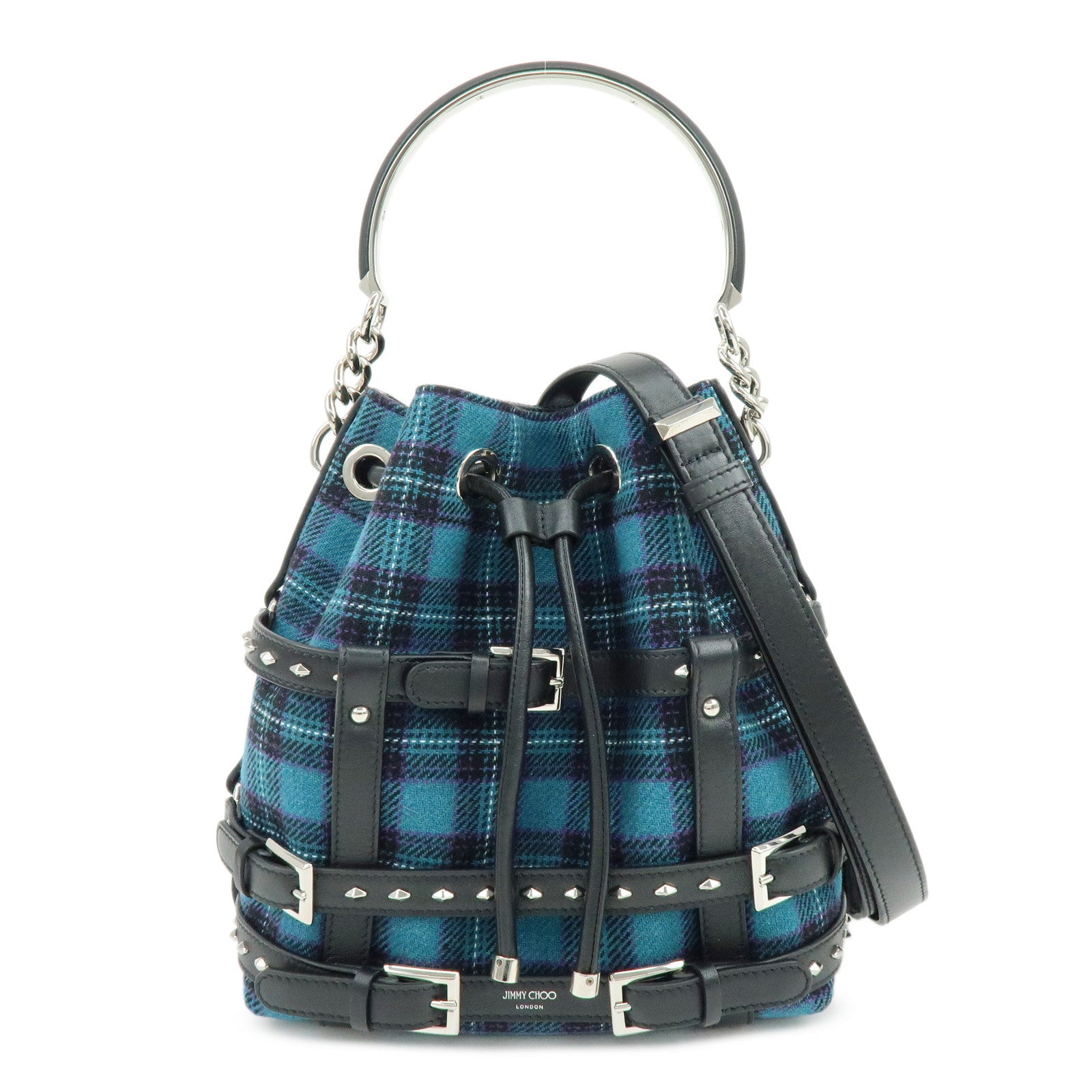 JIMMY CHOO Bonbon Bucket Canvas Leather 2Way Shoulder Bag Blue