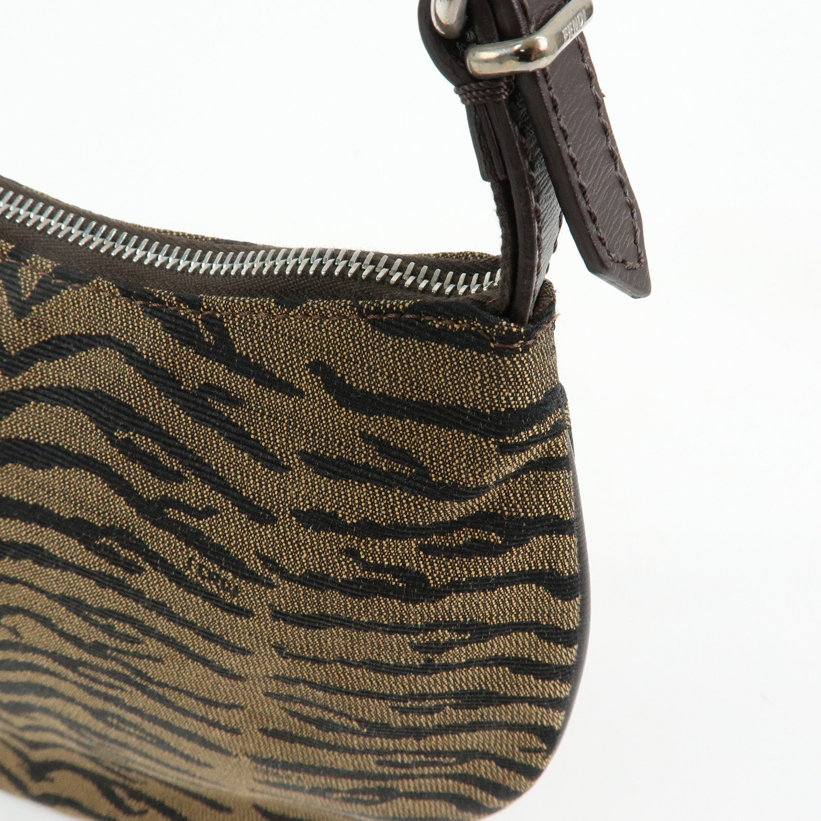 FENDI Canvas Leather Shoulder Bag Leopard Brown Black 8BR248