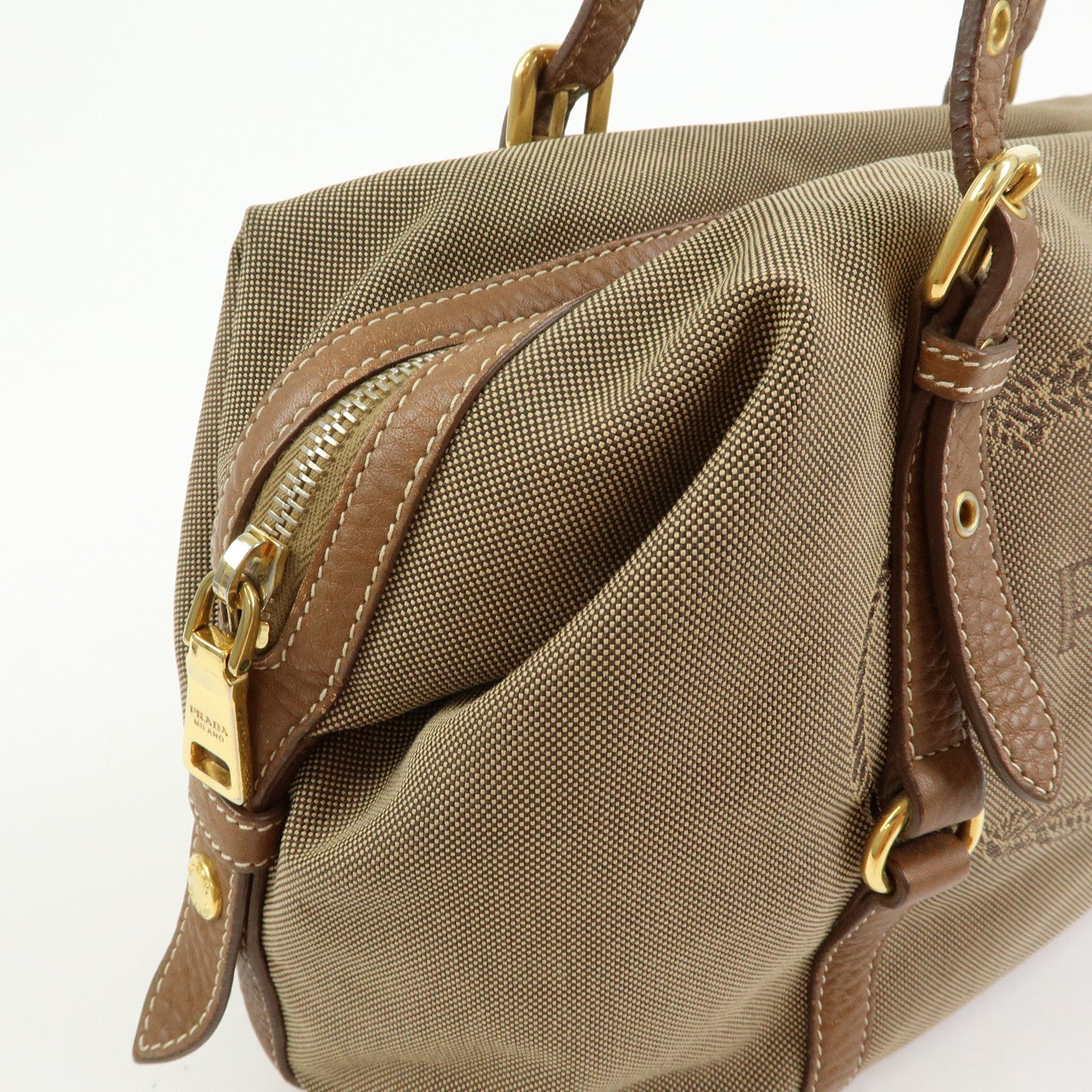 PRADA Logo Canvas Leather Boston Bag Hand Bag Beige Brown BL0600