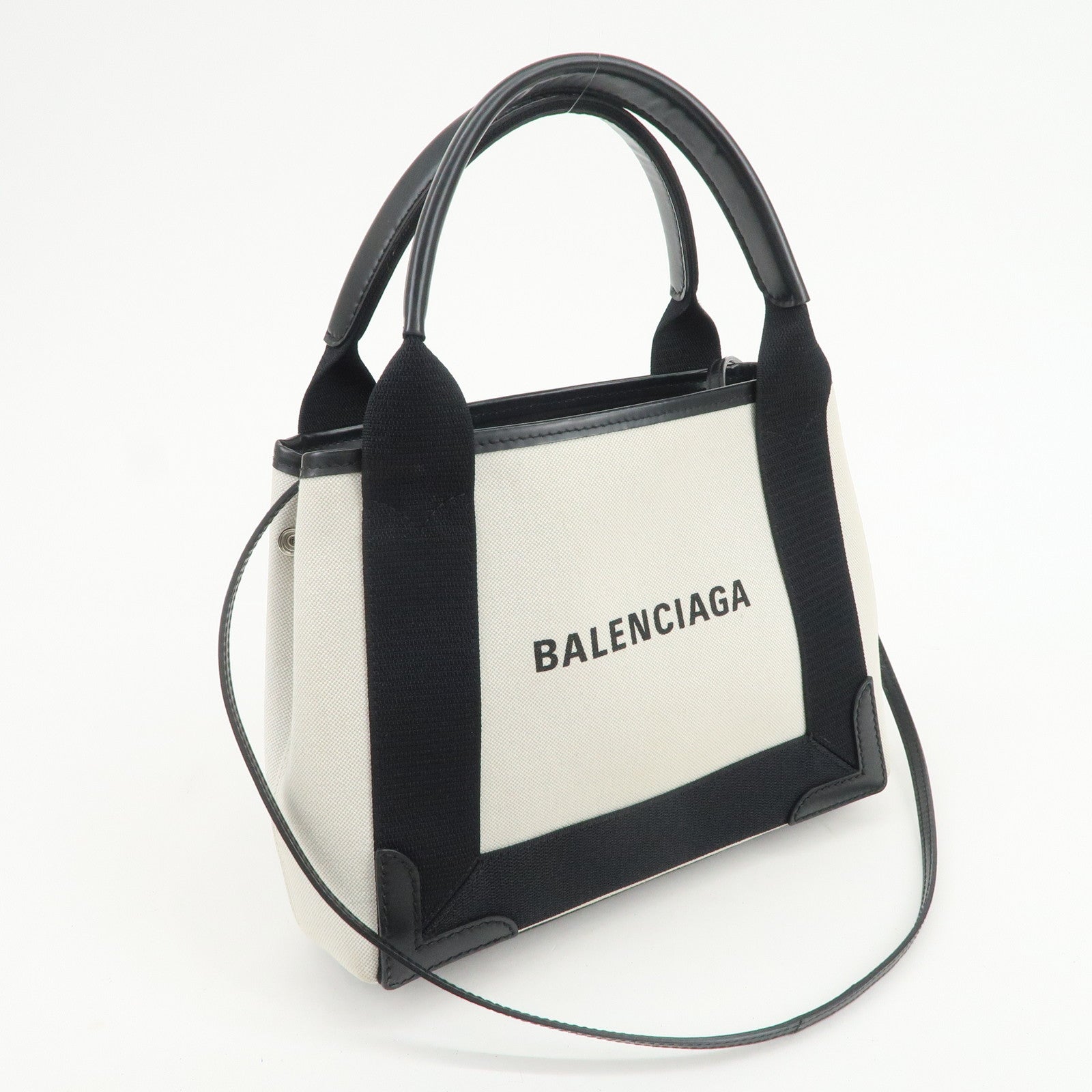 BALENCIAGA Navy Cabas XS Canvas Calf Skin 2Way Hand Bag 390346
