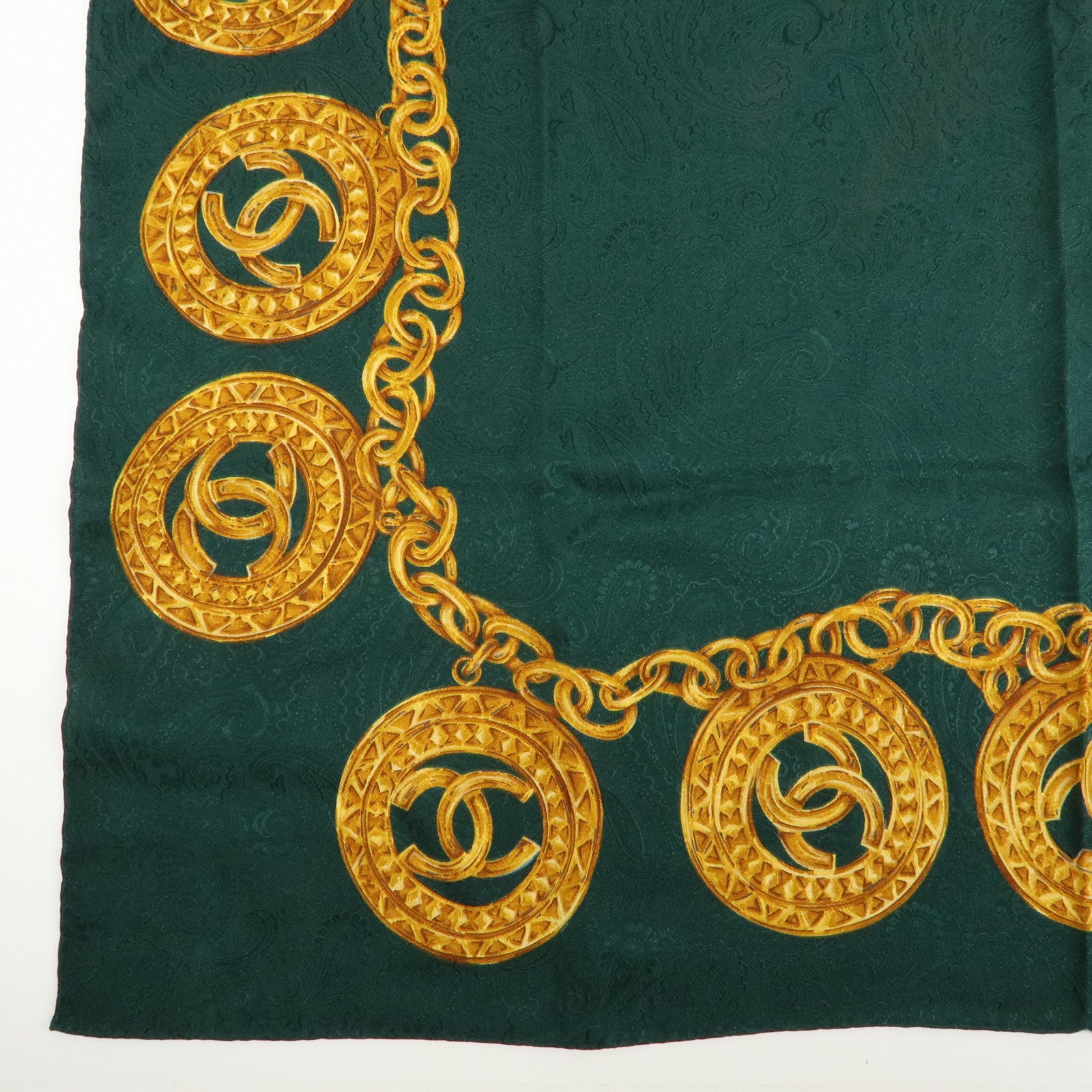 CHANEL COCO Mark Silk 100% Scarf Green Gold