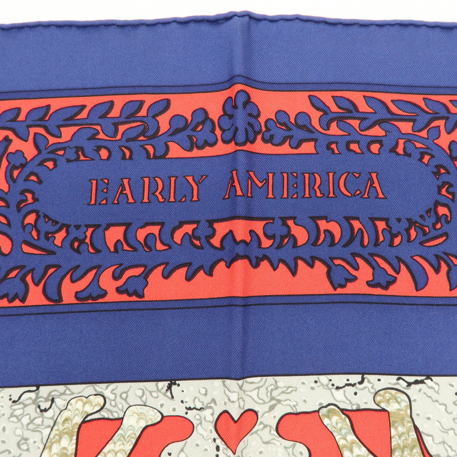 HERMES Carre 90 Silk 100% Scarf EARLY AMERICA Navy Red Brown