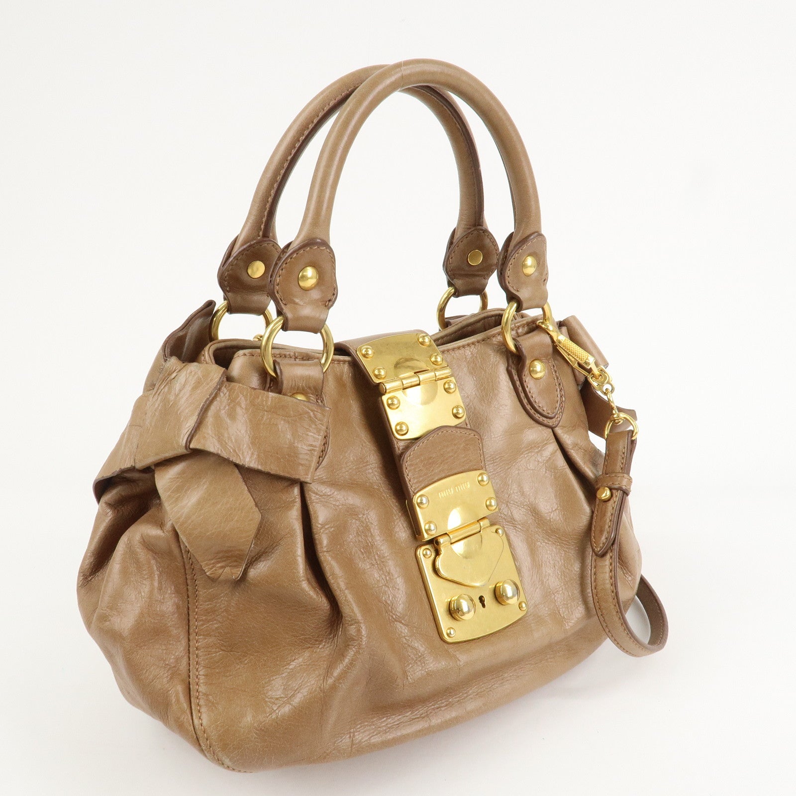 MIU MIU Leather Side Ribbon 2Way Bag Hand Bag Beige Gold