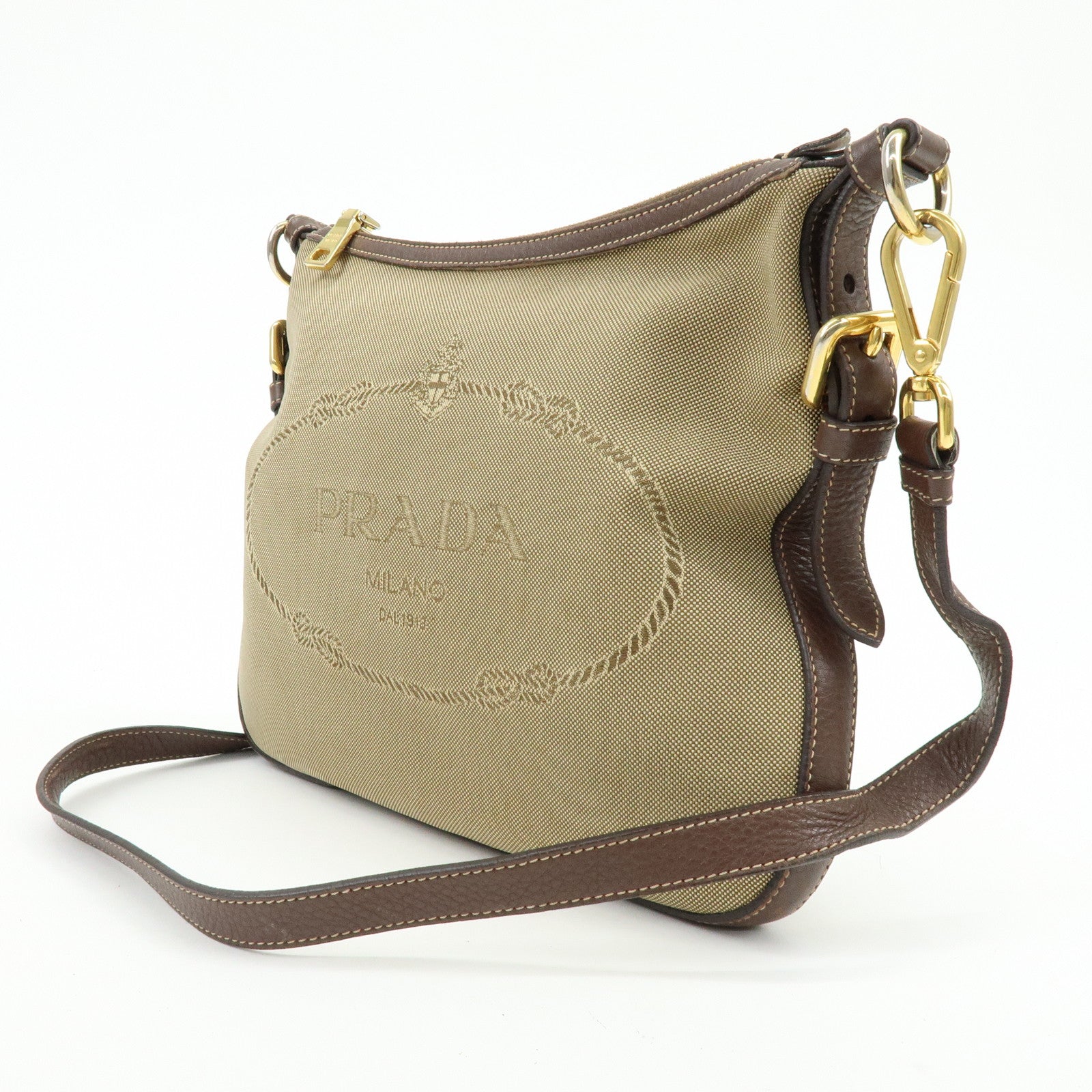 PRADA Logo Jacguard Leather Shoulder Bag Crossbody Bag Brown