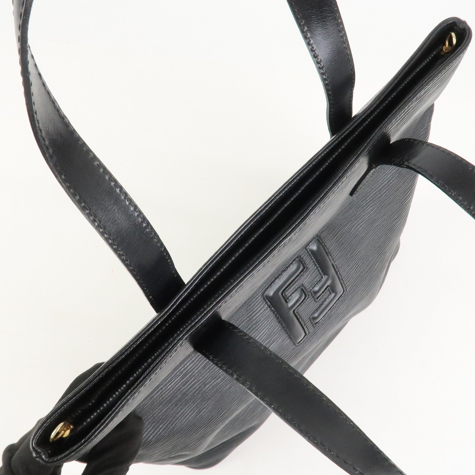 FENDI Logo Leather Tote Bag Hand Bag Shoulder Bag Black