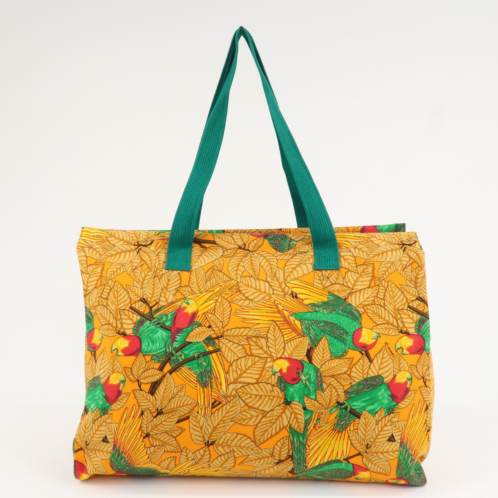 HERMES Cotton Canvas Tote Bag Shoulder Bag Parrot Pattern Orange Green Used