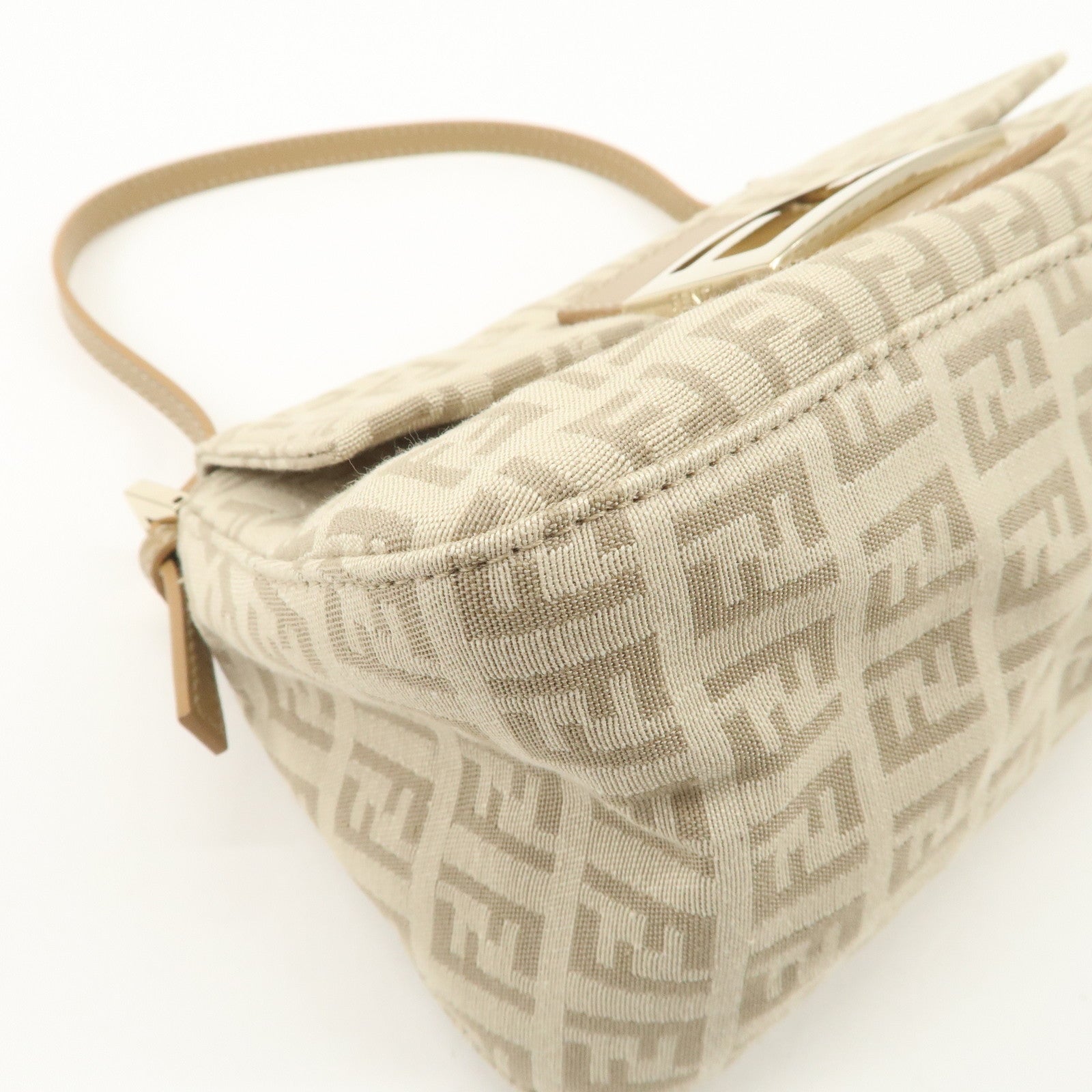 FENDI Mini Mamma Baguette Zucchino Canvas Leather Shoulder Bag Beige 8BR180