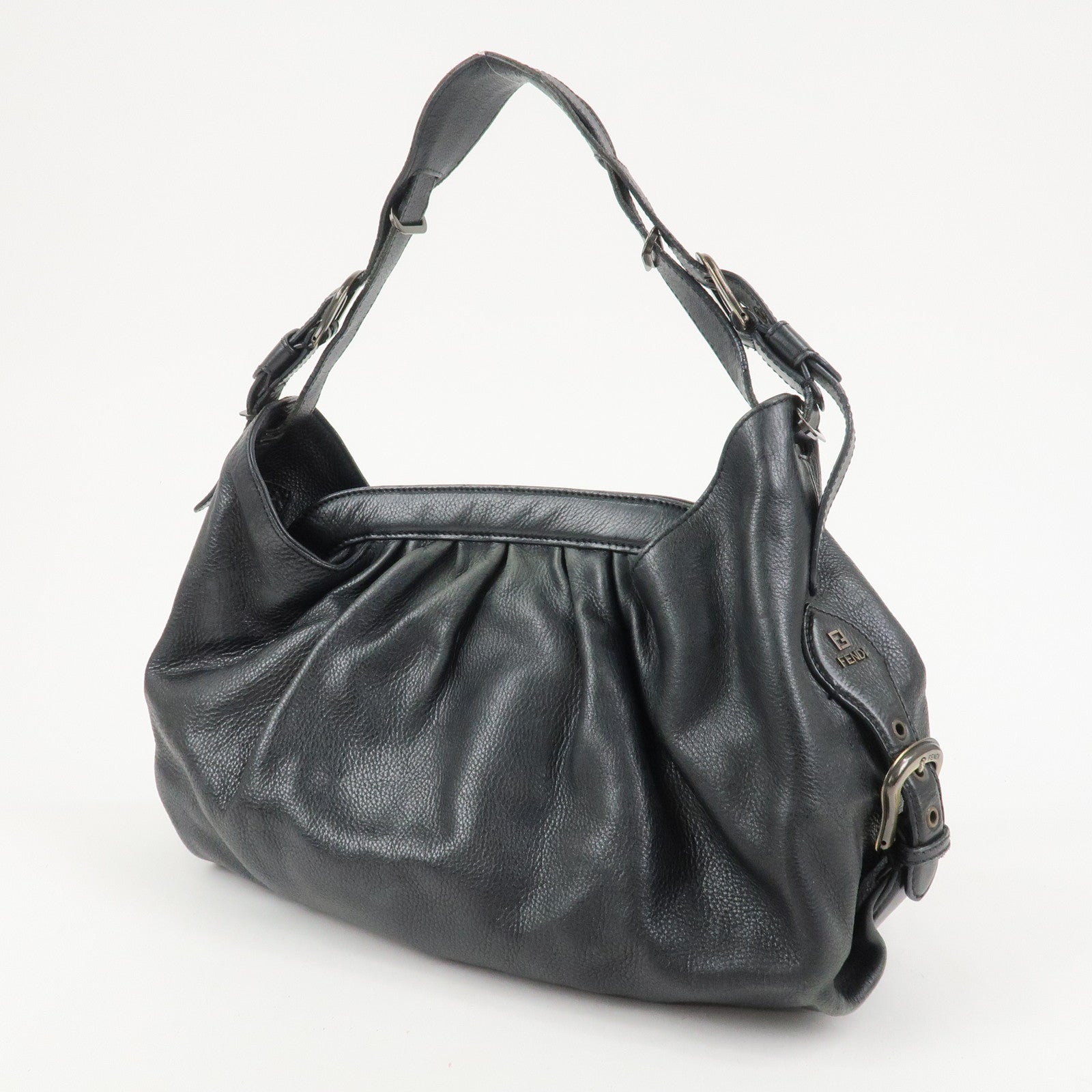 FENDI Logo Leather Shoulder Bag Tote Bag Black 8BR579