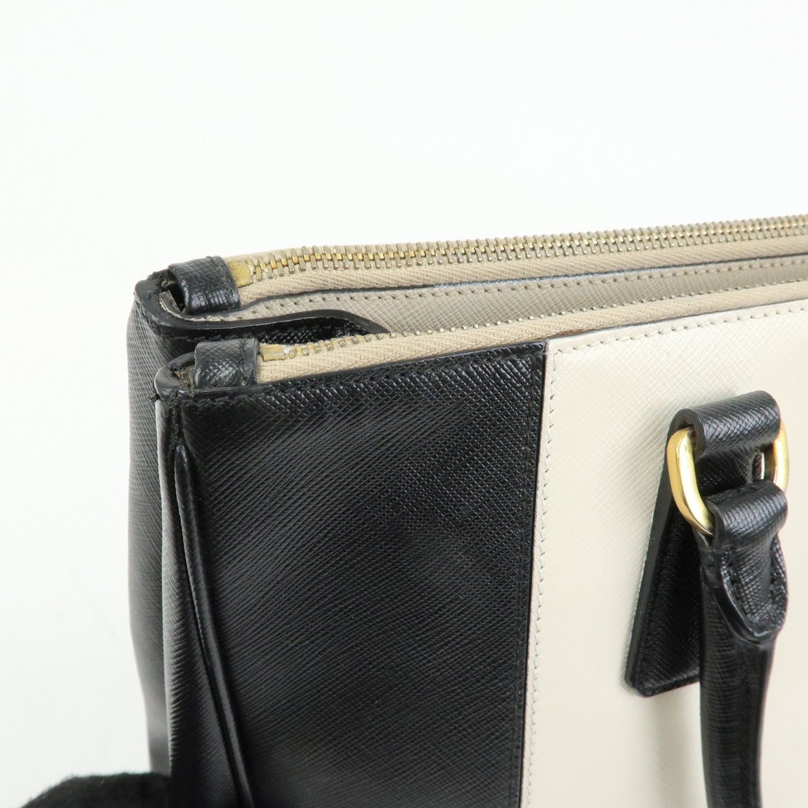 PRADA Triangle Logo Saffiano Leather Hand Bag Tote Bag Ivory Black