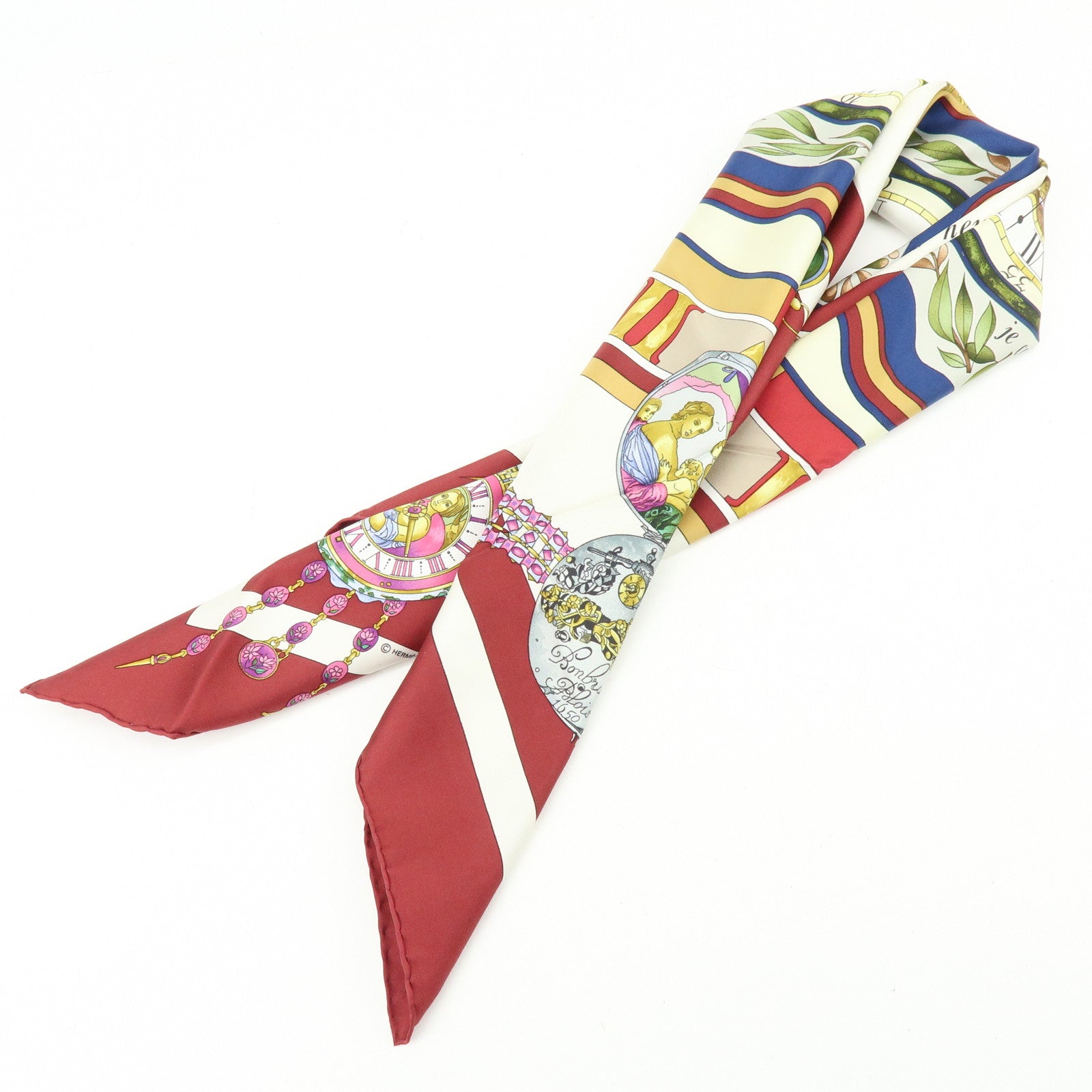 HERMES Carre 90 Silk 100% Scarf la ronde des heures Bordeaux White