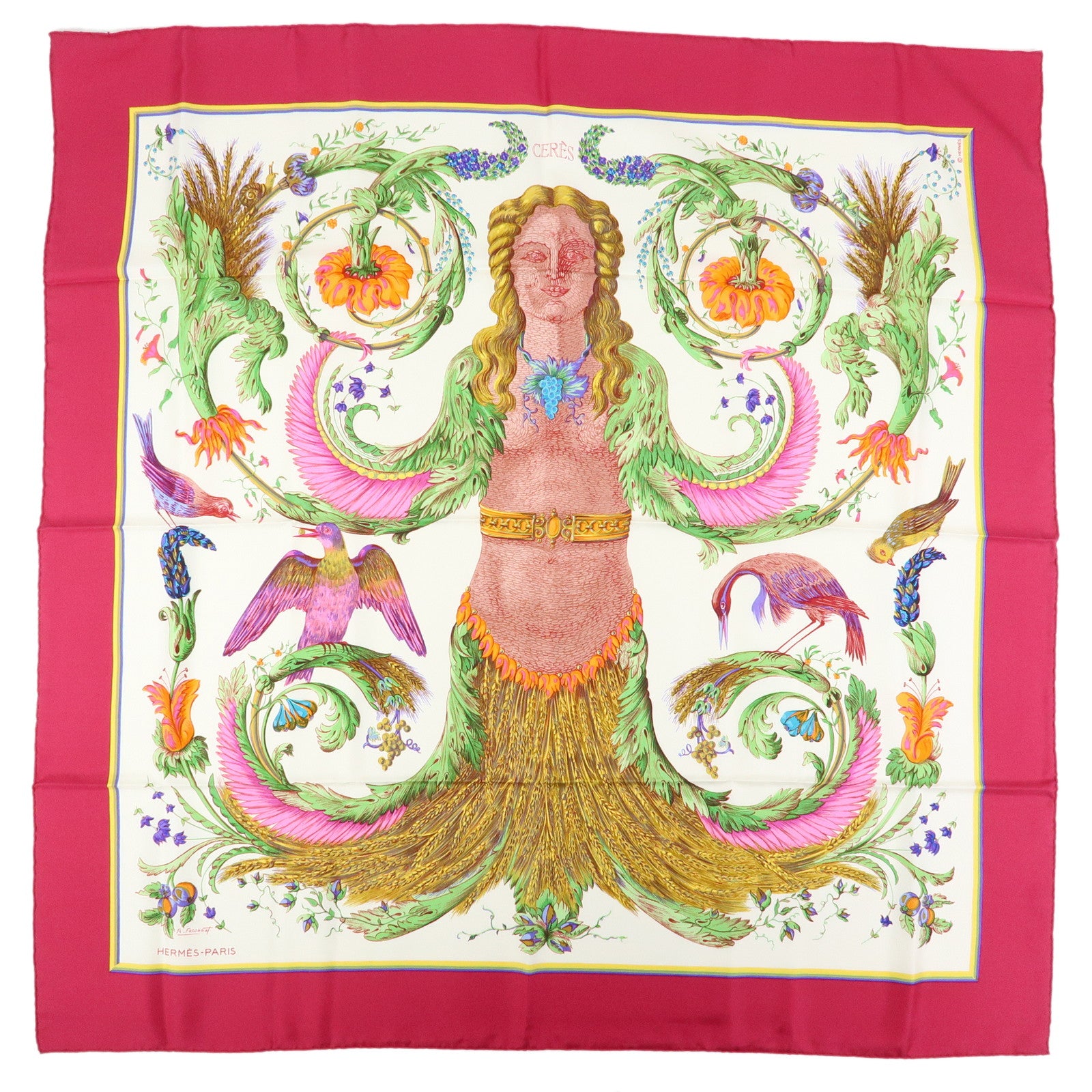 HERMES Carre 90 Silk 100% Scarf CERES White Pink Yellow Green