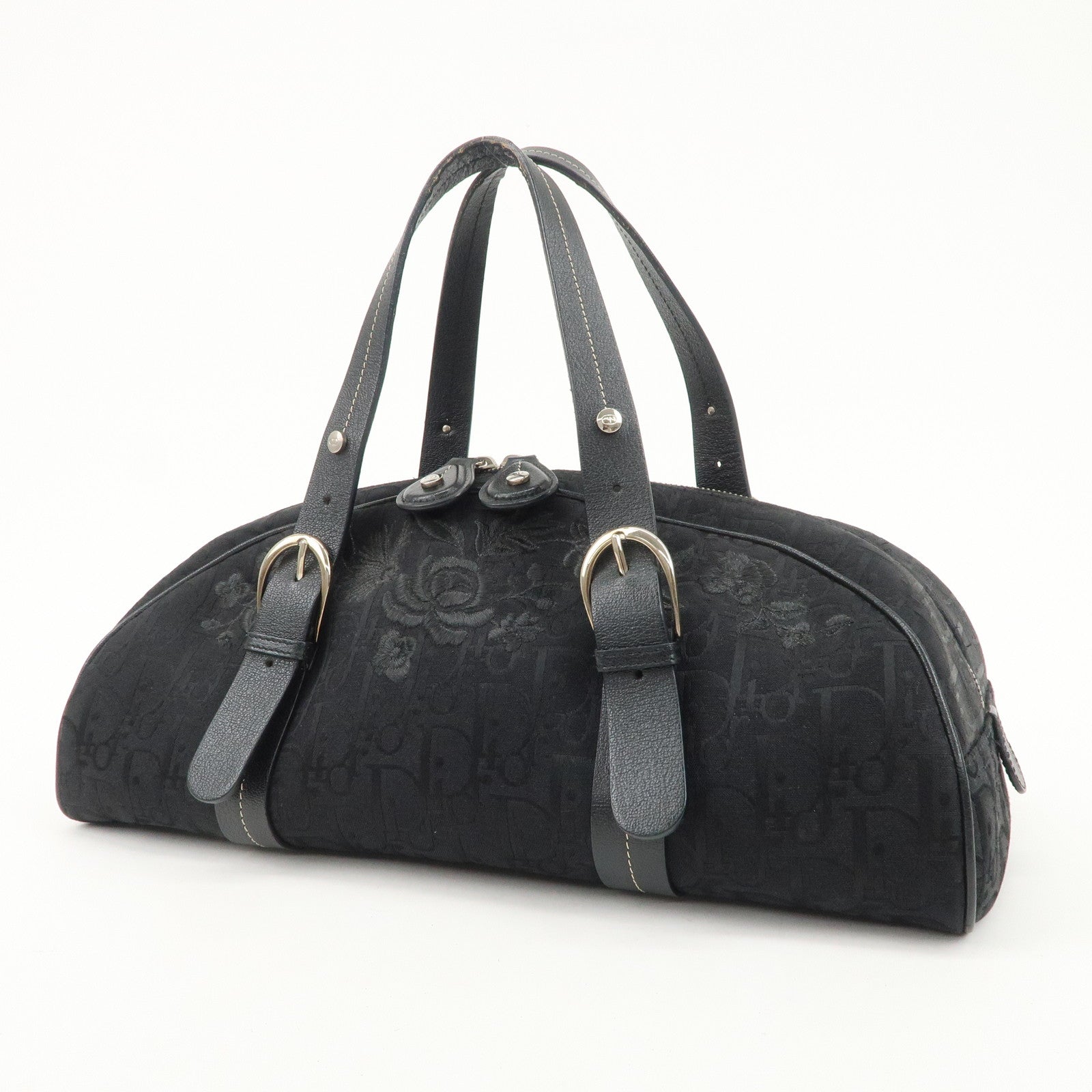 Christian Dior Trotter Leather Canvas Flower Embroidery Boston Bag Used
