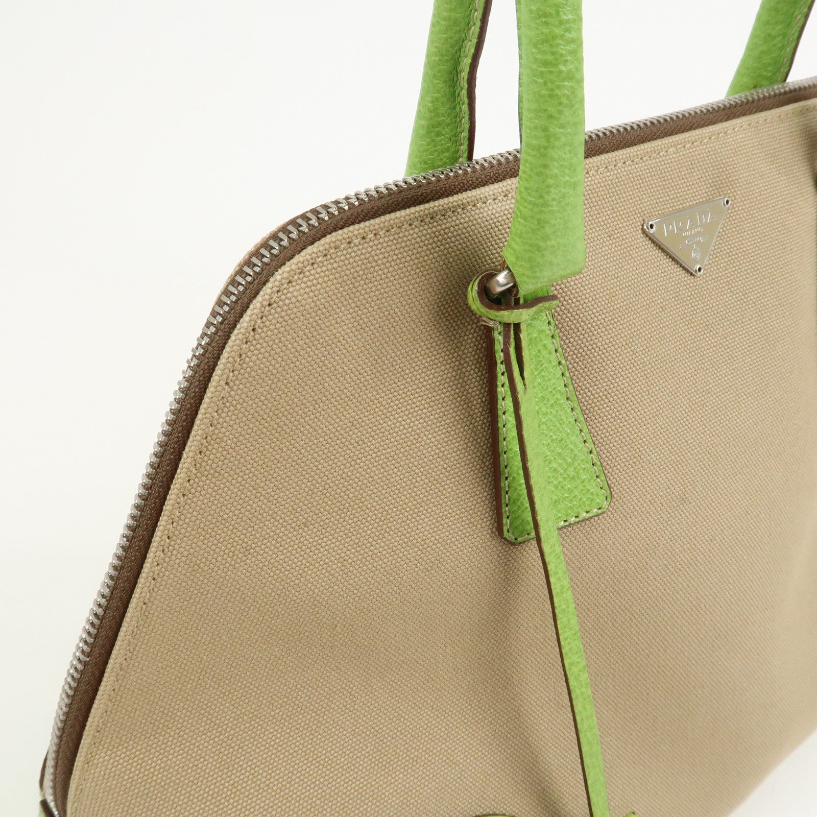PRADA Canvas Leather Tote Bag Hand Bag Beige Light Green BN0082