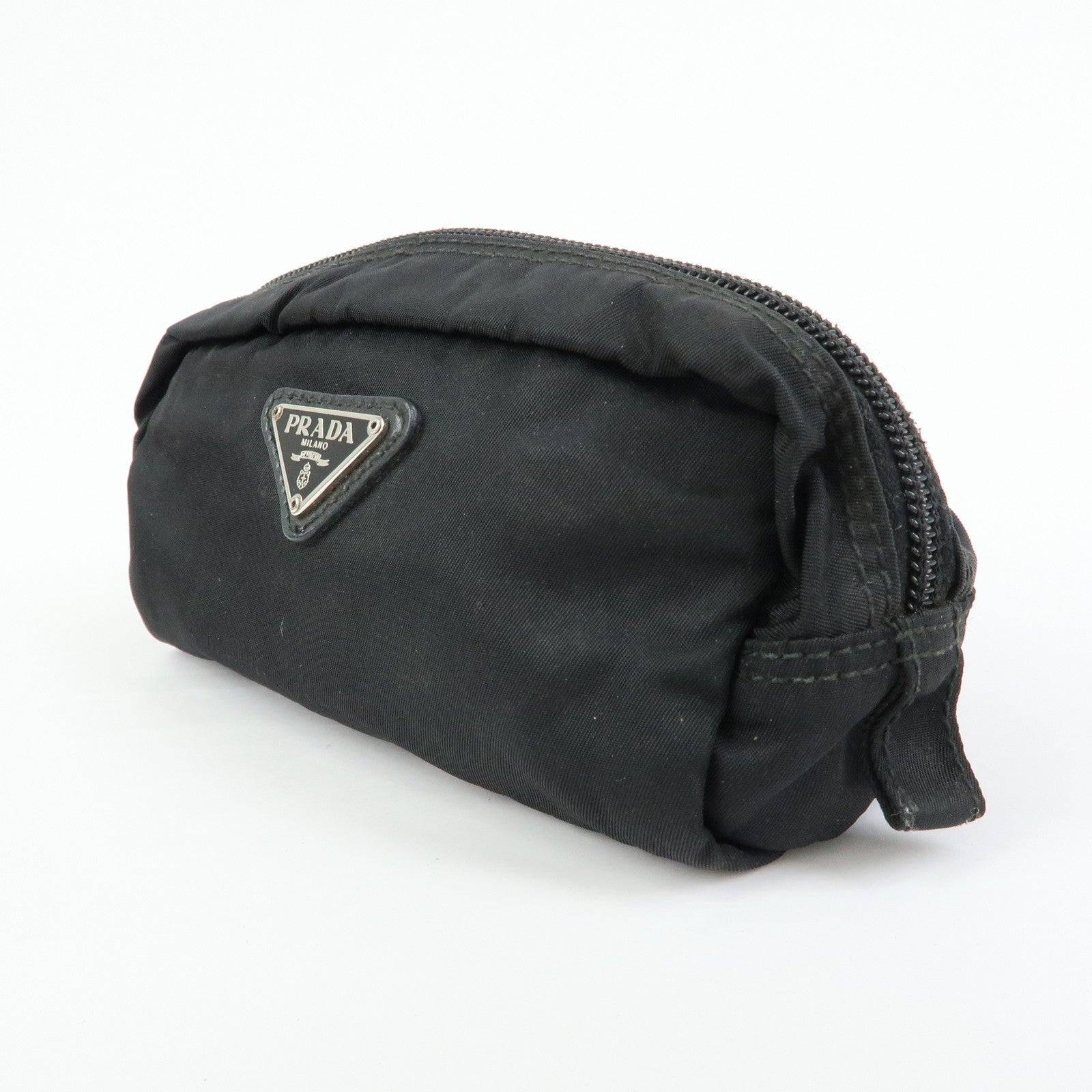 PRADA Triangle Logo Nylon Leather Pouch Cosmetic Case Black