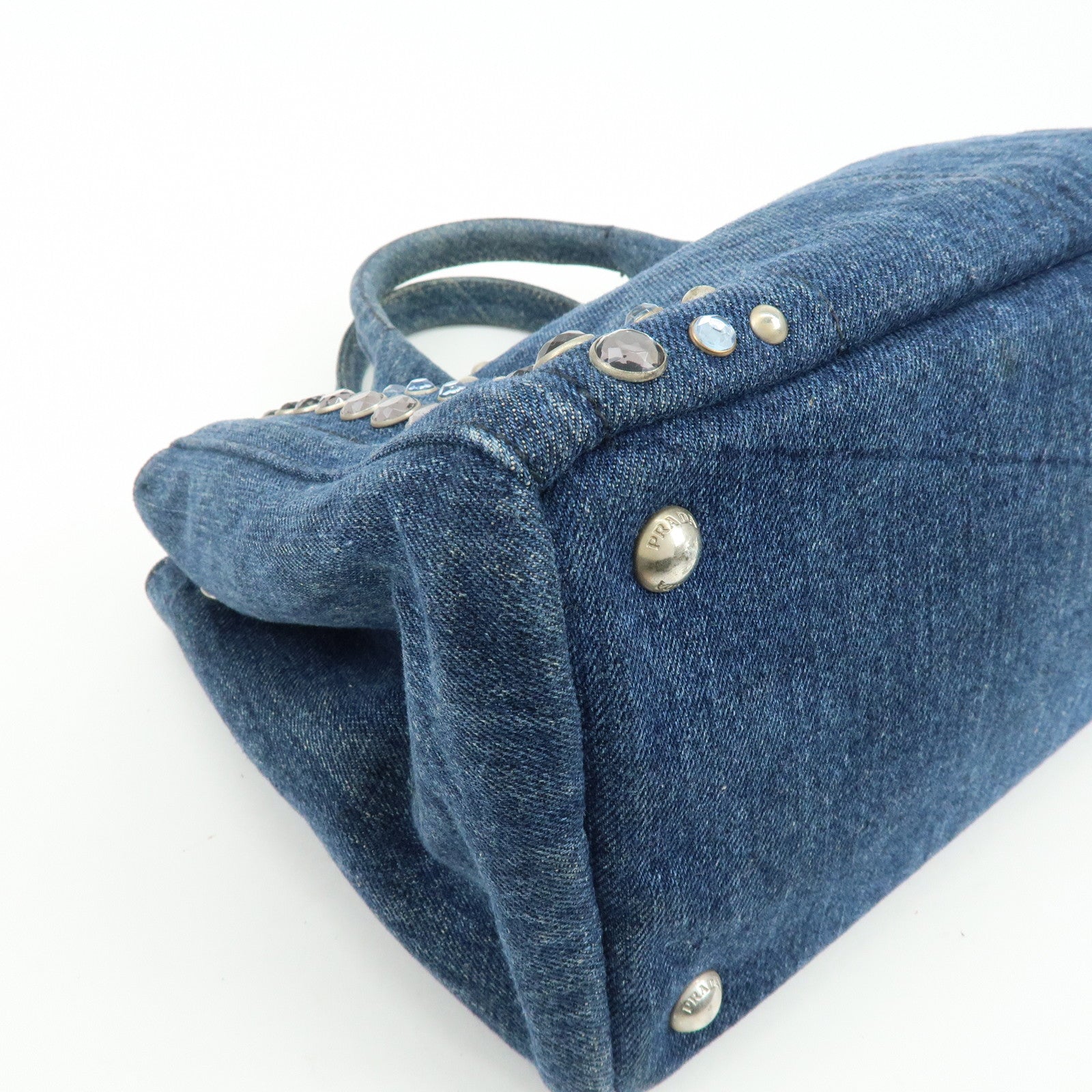 PRADA Canapa Mini Triangle Logo Denim 2Way Tote Shoulder Bag B2439O