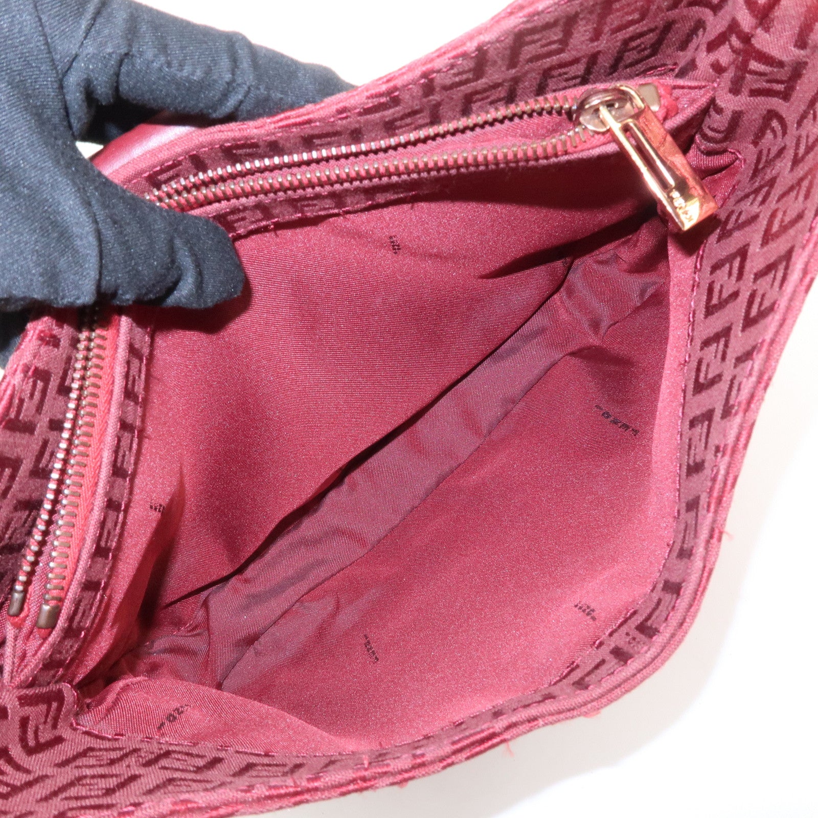 FENDI Zucchino Leather Canvas Shoulder Bag Hand Bag Red Used