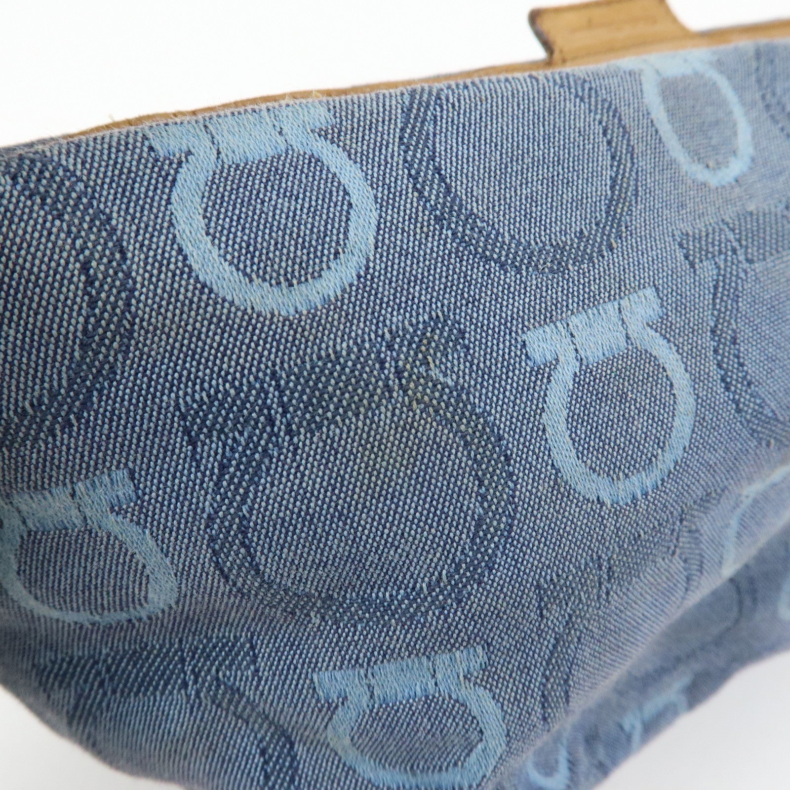 Ferragamo Gancini Canvas Leather Hand Bag Blue Light brown