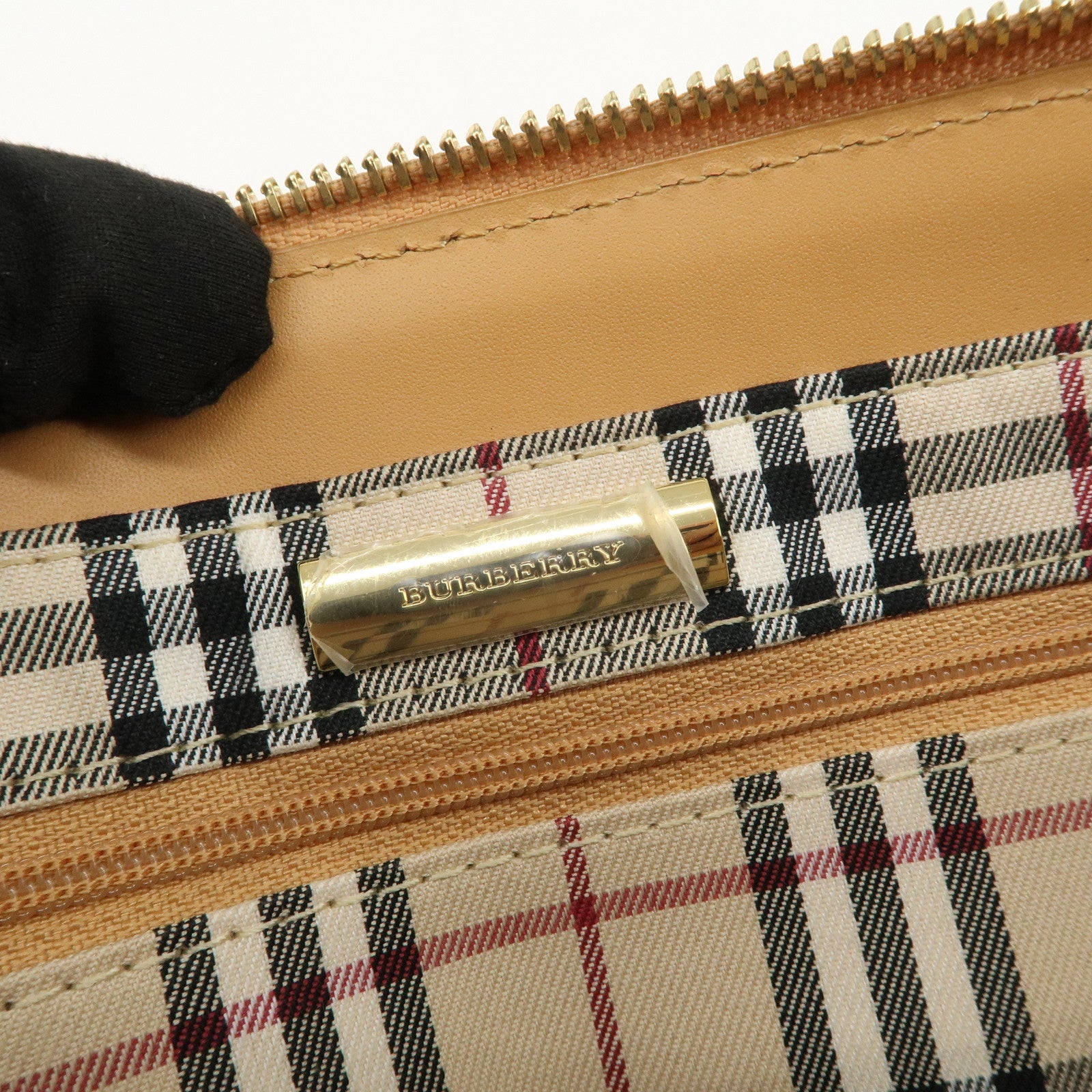 BURBERRY Nova Plaid Logo Leather Hand Bag Light Brown