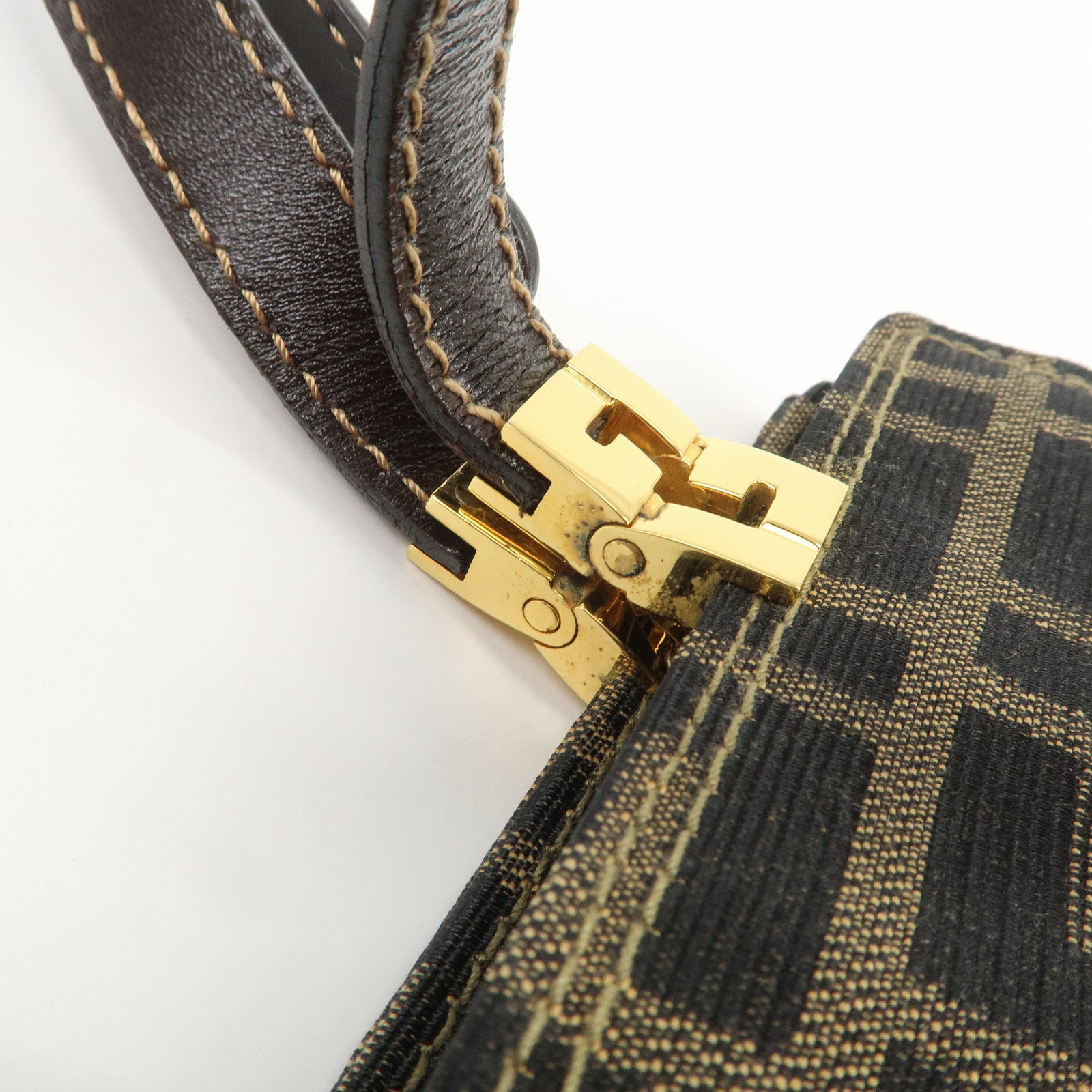 FENDI Zucca Canvas Leather Shoulder Bag Hand Bag Brown Black