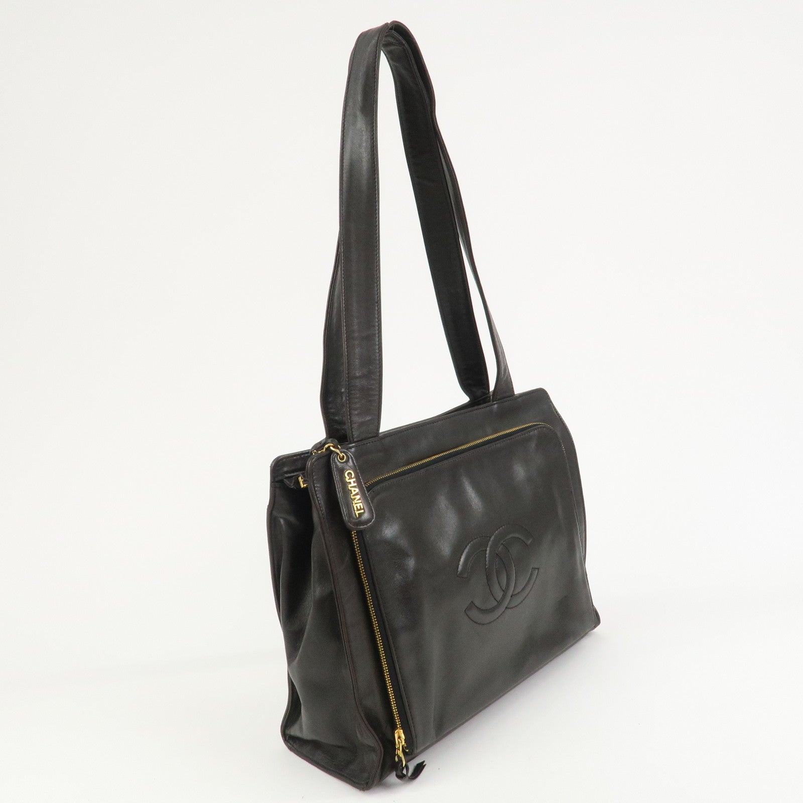 CHANEL COCO Mark Lambskin Tote Bag Shoulder Bag Dark Brown