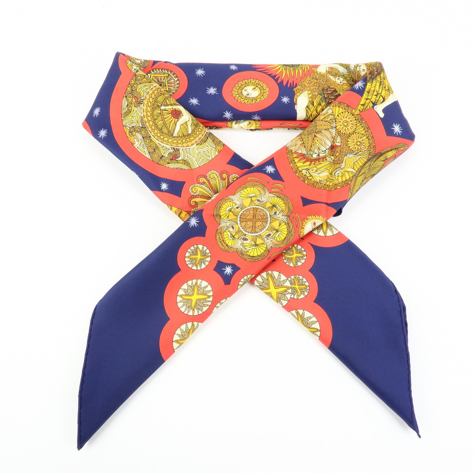 HERMES Carre 90 Silk 100% Scarf LE ROY SOLEIL Navy Red Yellow