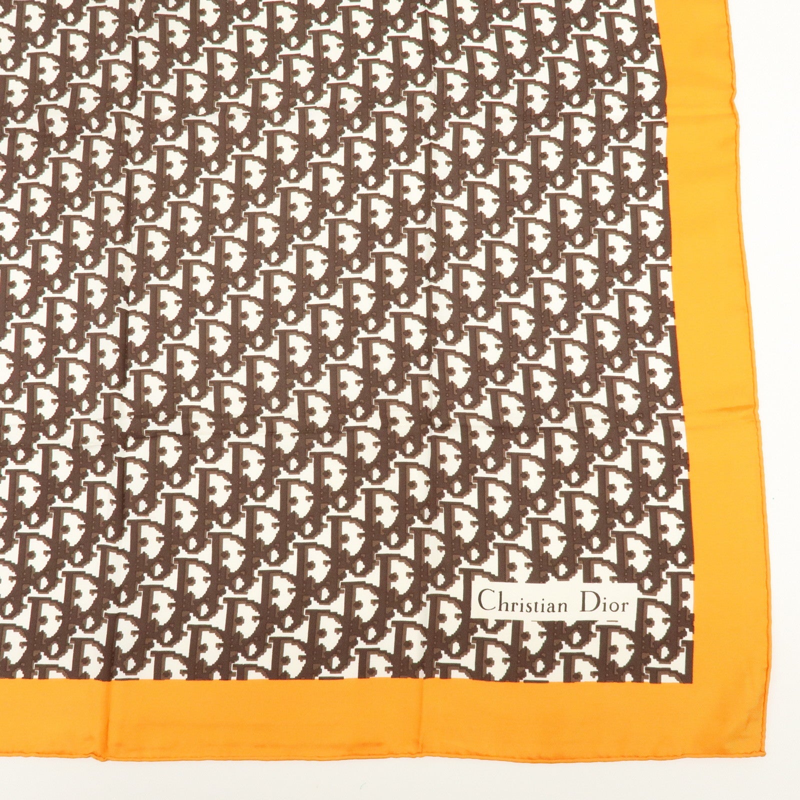 Christian Dior Trotter Silk 100% Scarf 77x77 Brown White Orange