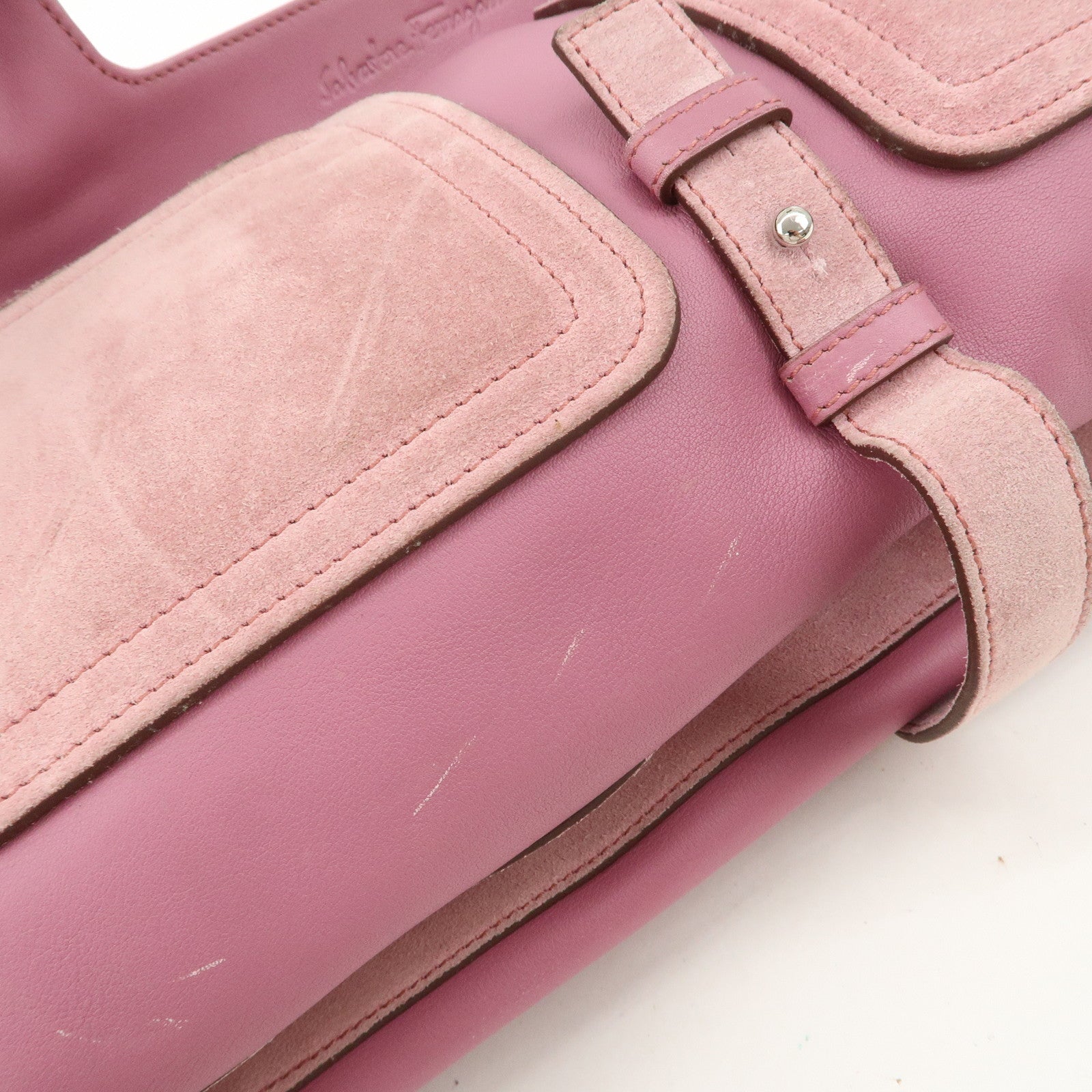 Ferragamo Gancini Leather Suede Shoulder Bag Hand Bag Pink