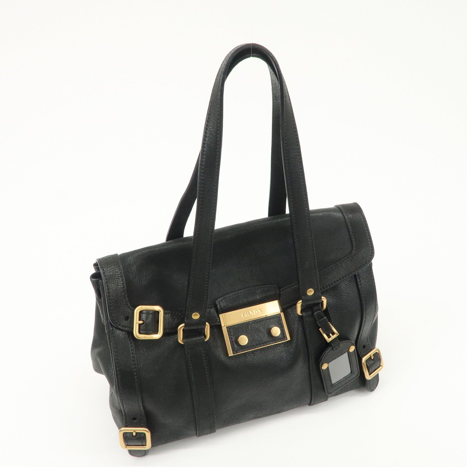 PRADA Leather Shoulder Bag Hand Bag Black BR3027 Used