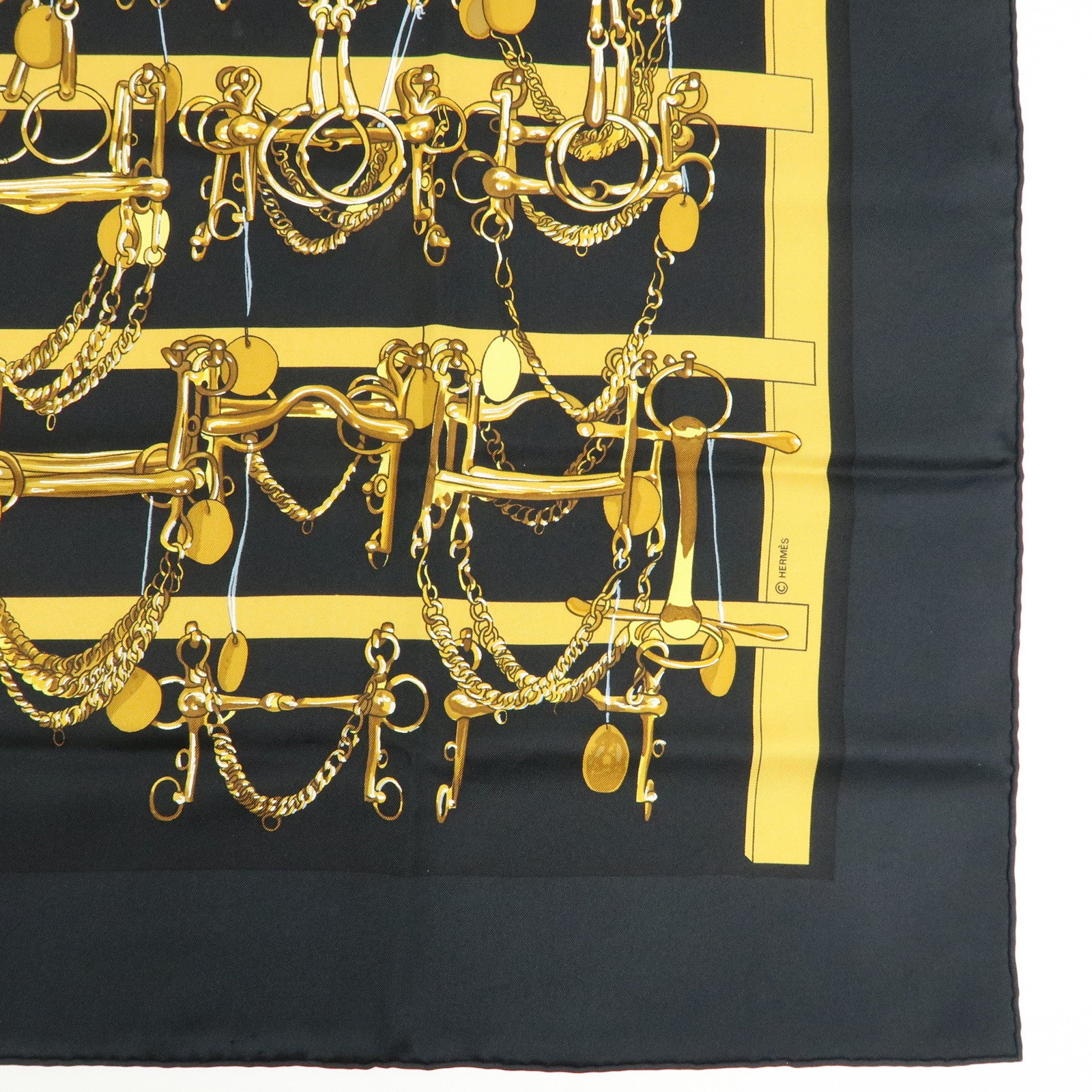 HERMES Carre 90 Silk 100% Scarf MORS&FILETS Black Yellow