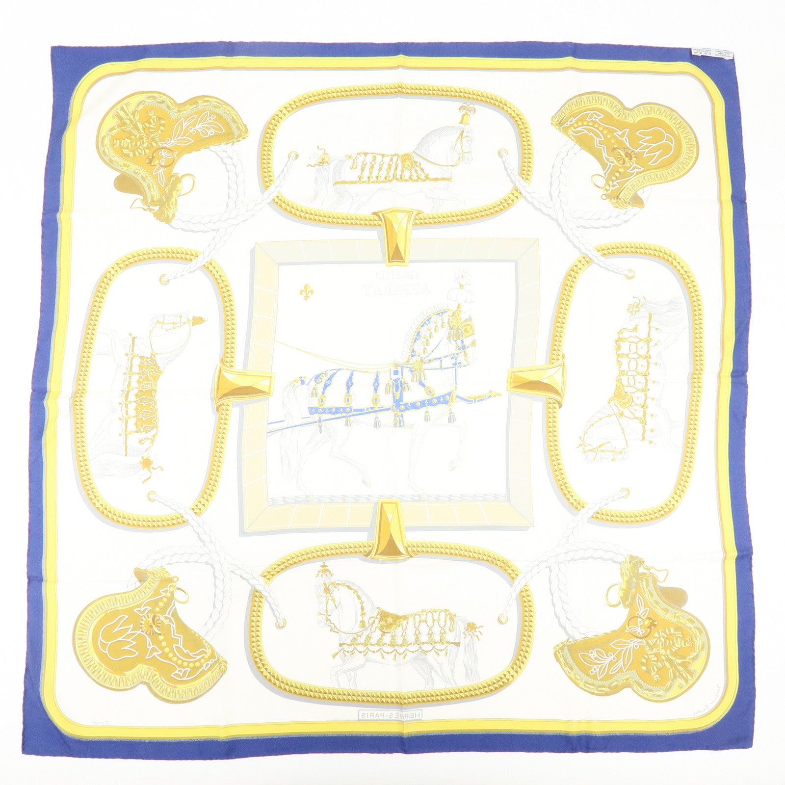 HERMES Carre 90 Silk 100% Scarf GRAND APPARAT Navy White Gold