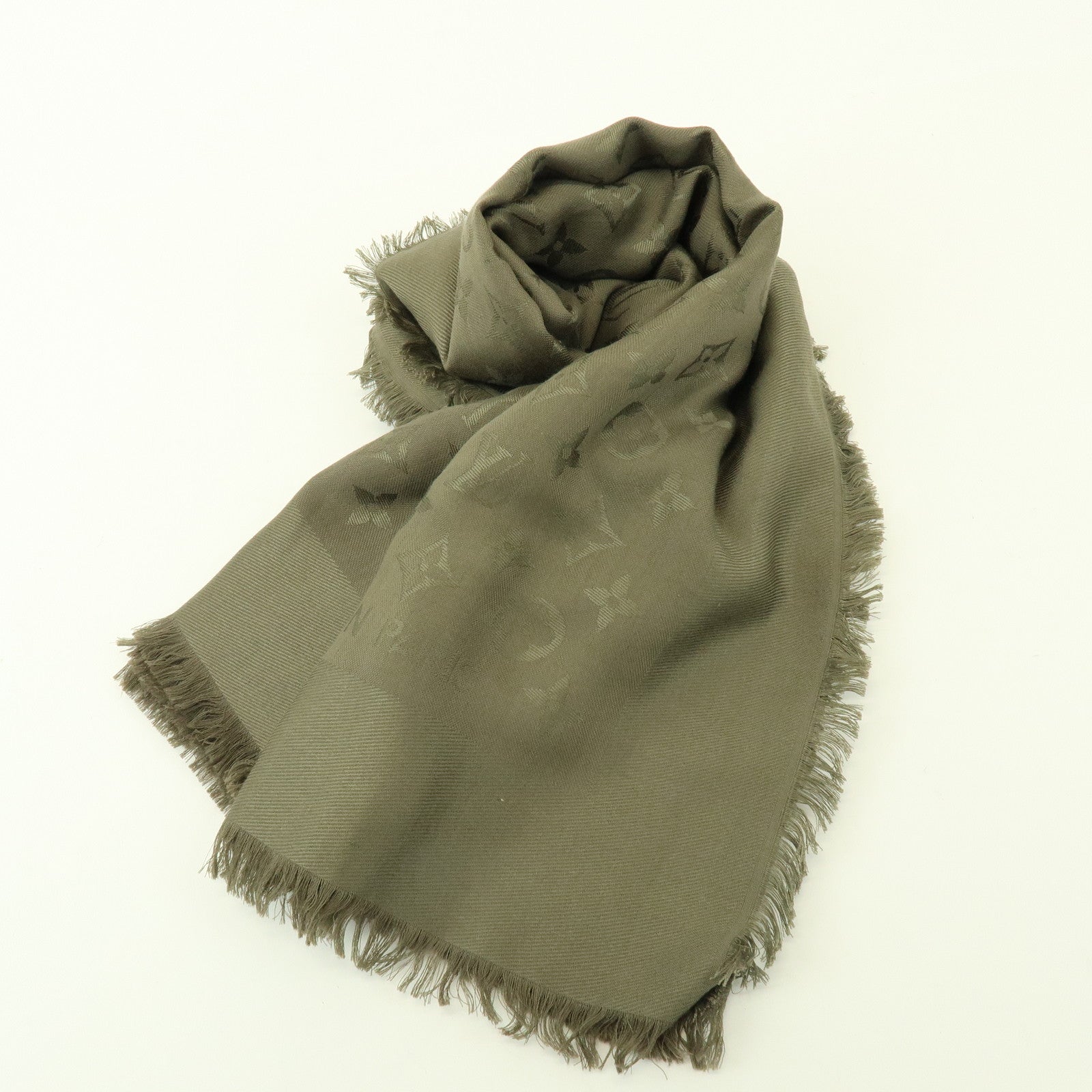 Louis Vuitton Monogram Silk Wool Scarf Shawl Khaki M72238
