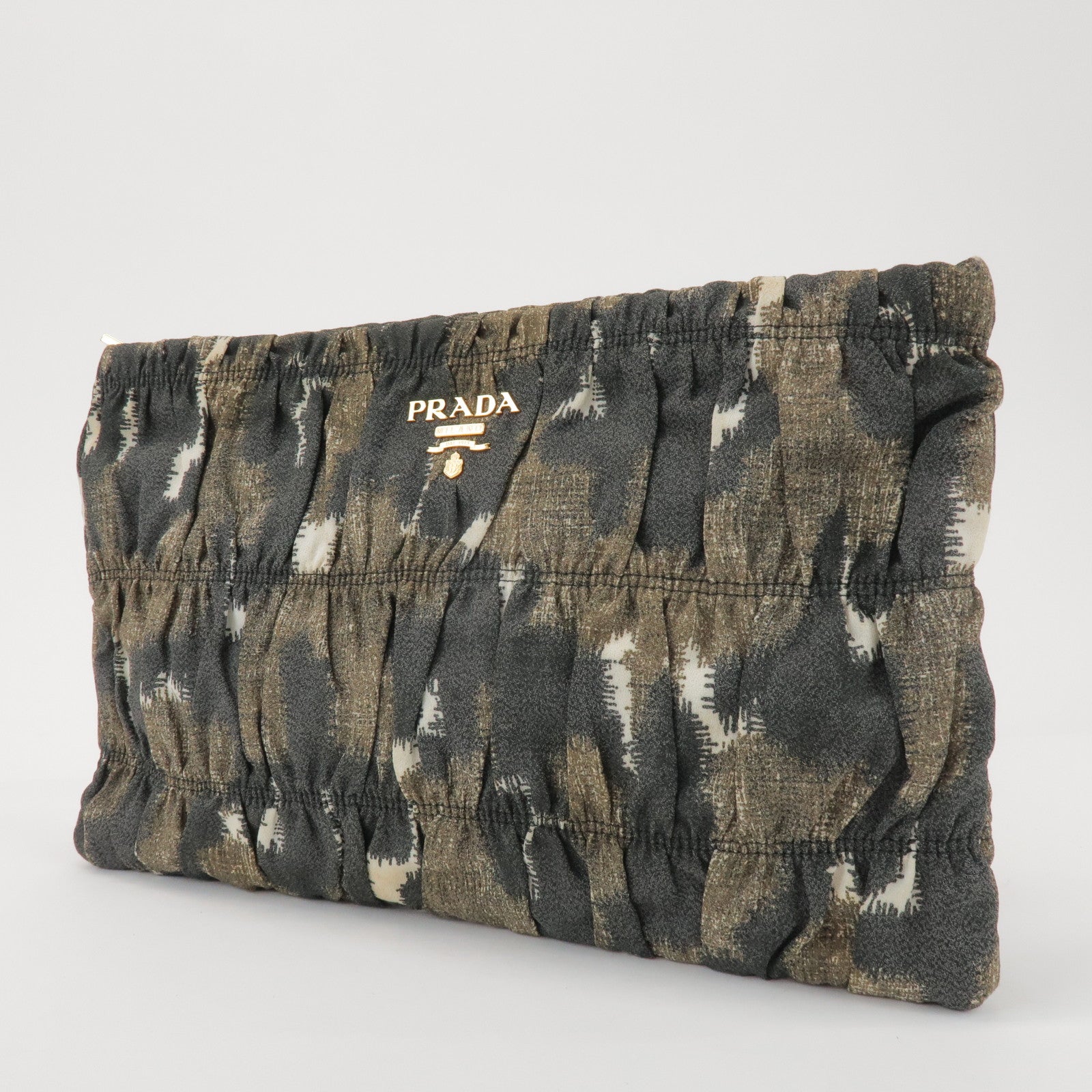 PRADA Logo Canvas Camouflage Gathered Design Clutch Bag Khaki Black