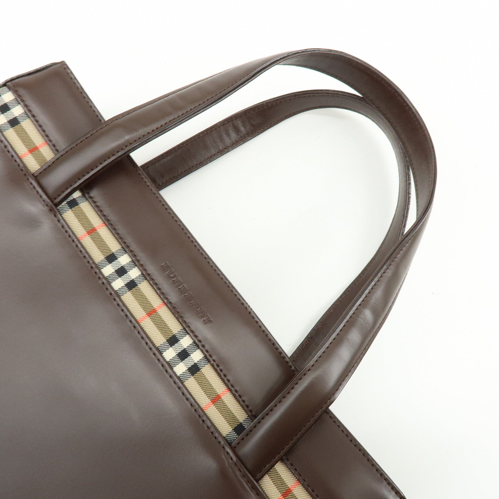 BURBERRY Nova Plaid Leather Hand Bag Tote Bag Brown