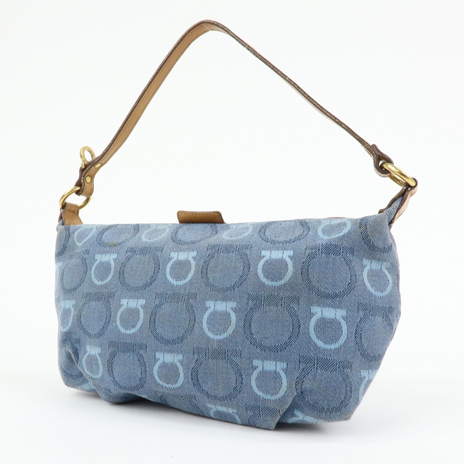 Ferragamo Gancini Canvas Leather Hand Bag Blue Light brown
