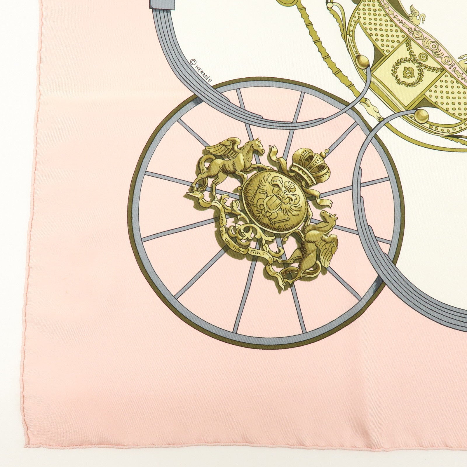 HERMES Carre 90 Silk 100% Scarf SPRINGS Carriage Print Pink White