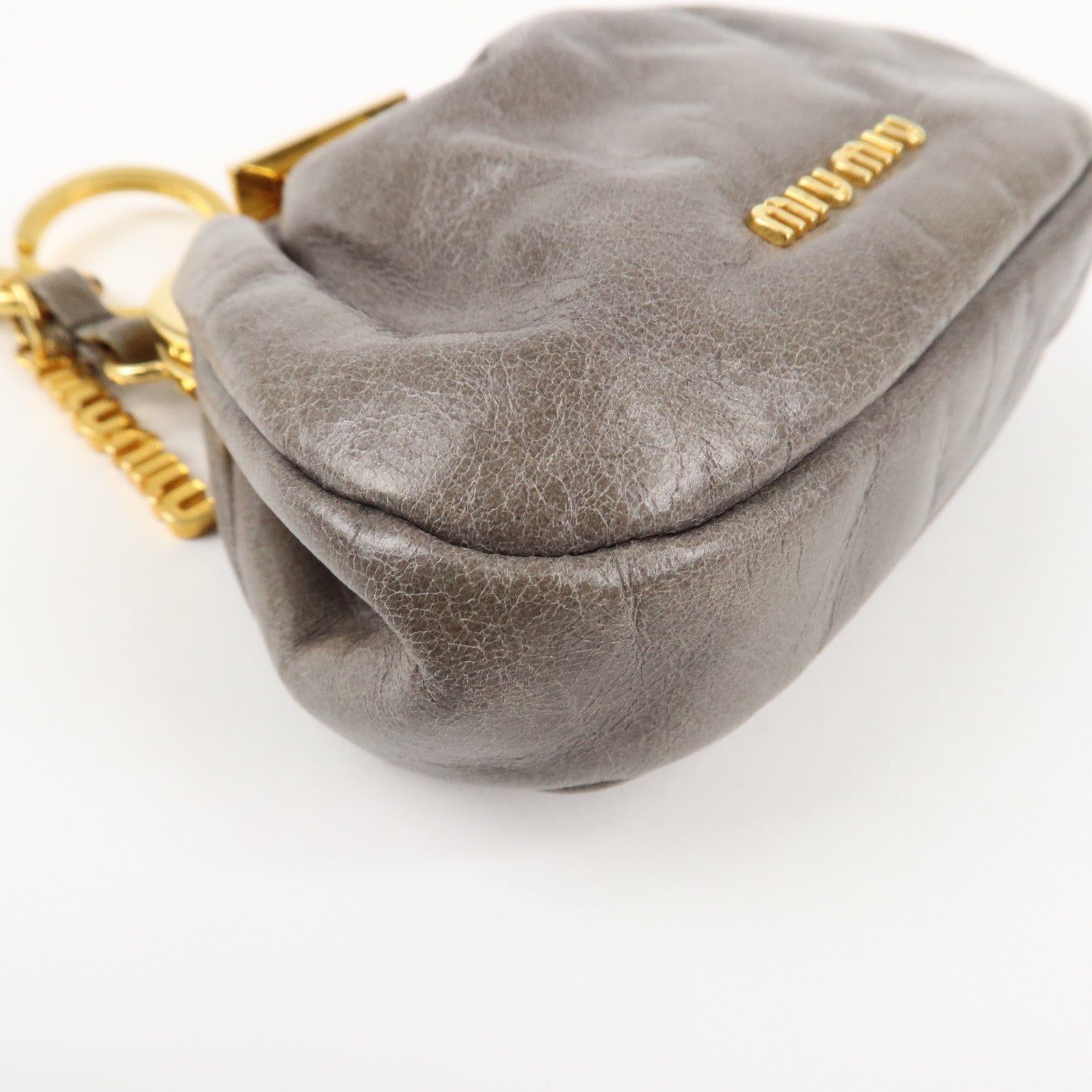 MIU MIU Logo Leather Kiss Lock Coin Case Gray Gold HDW Used