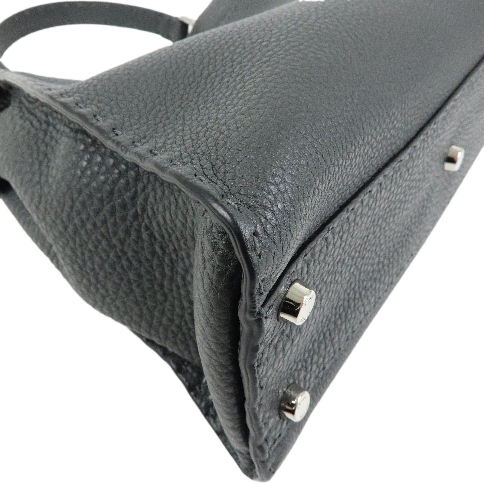 FENDI Selleria Leather 2Way Bag Hand Bag Shoulder Bag Grey 8BN290