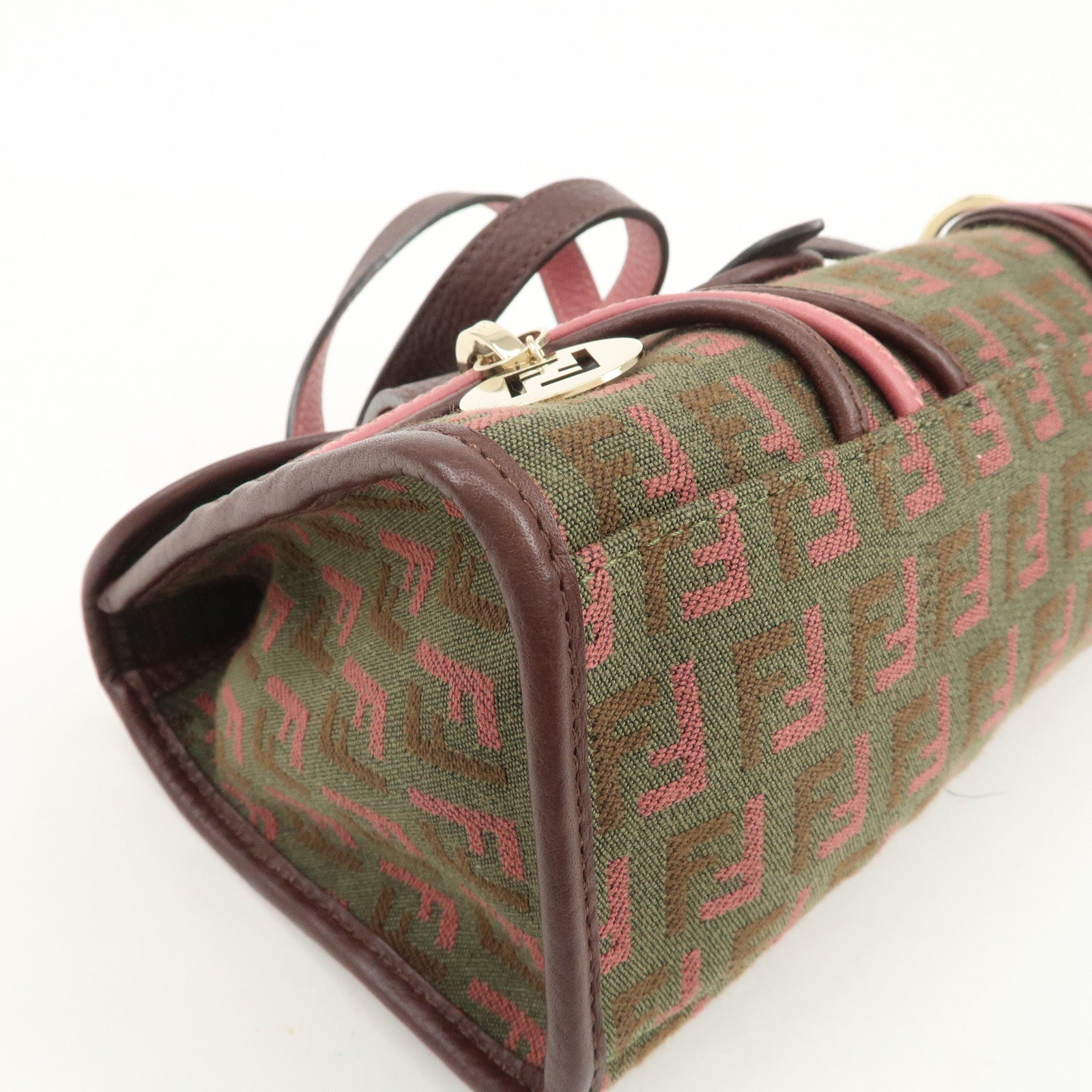 FENDI Zucchino Logo Canvas Leather Hand Bag Brown Pink 8BN147