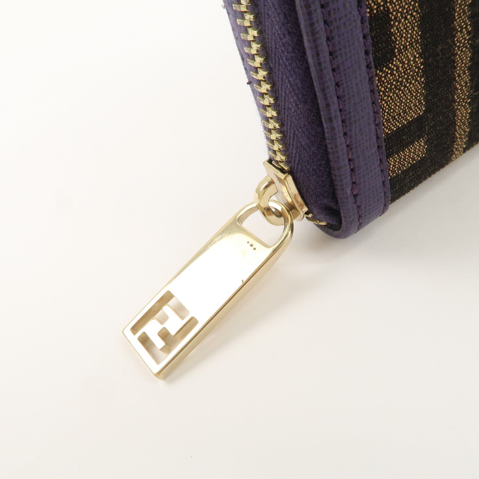 FENDI Zucchino Canvas Leather Round Zippy Long Wallet Brown Purple 8M0024 Used