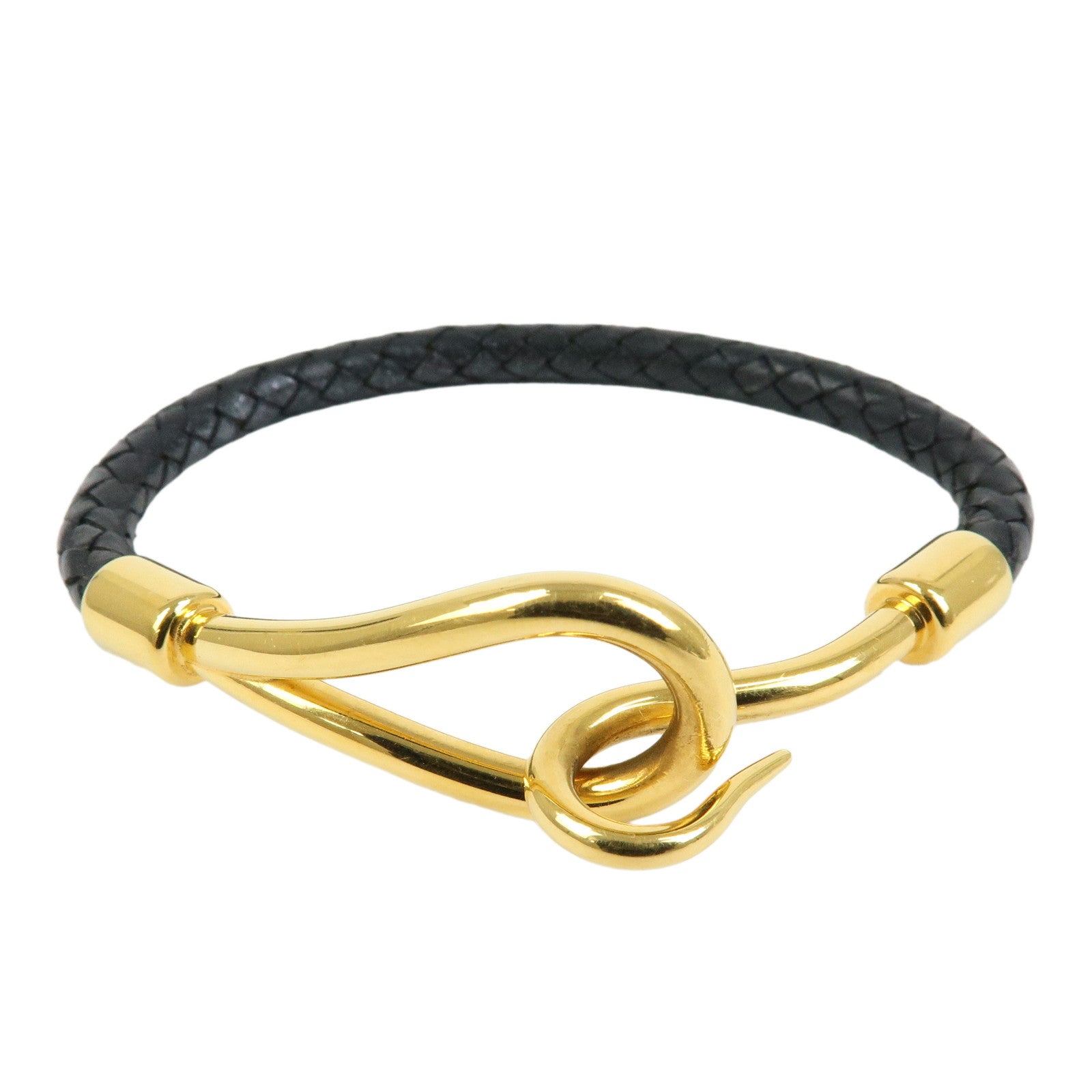 HERMES Jumbo Choker Leather Bracelet Black Gold Hardware