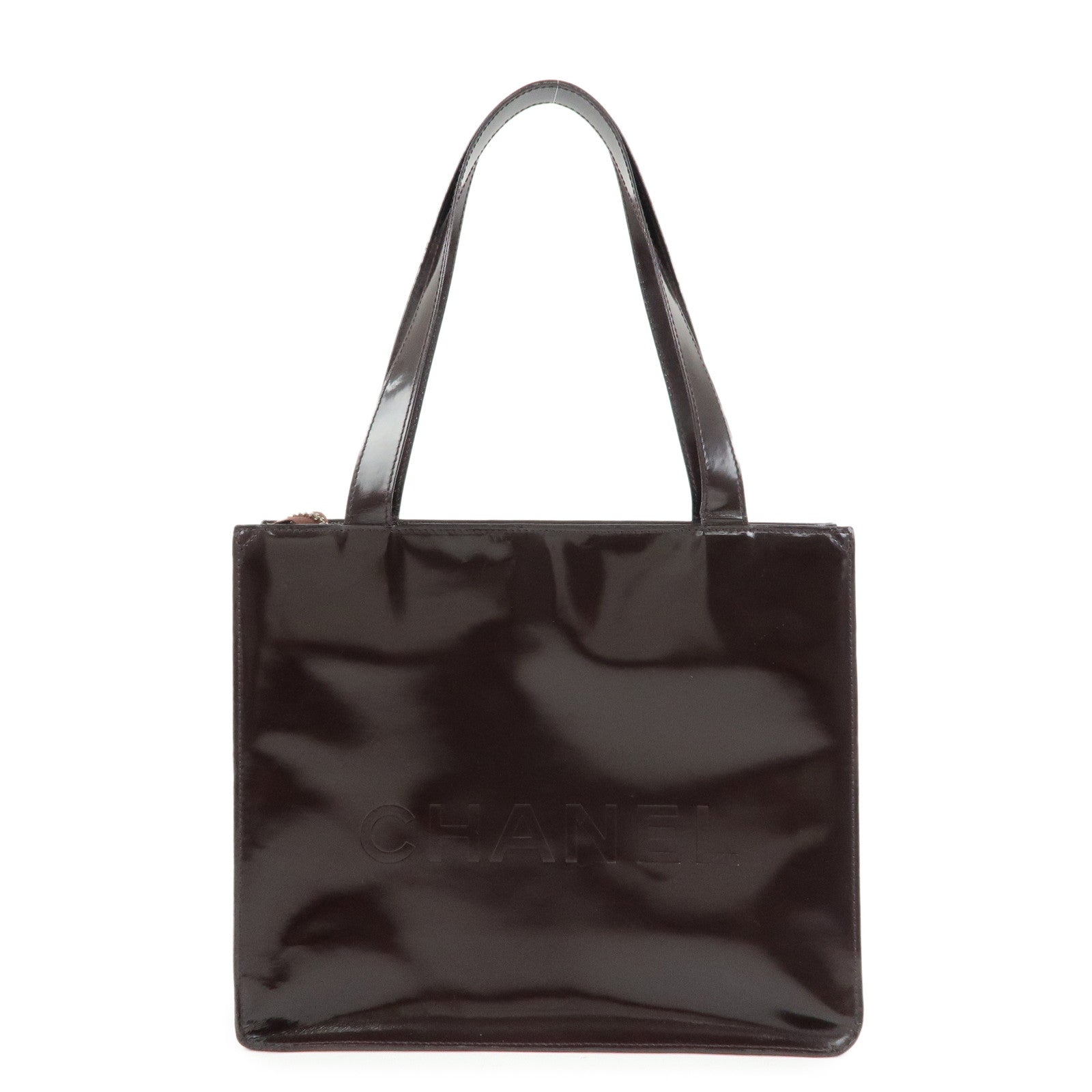 CHANEL Logo Patent Leather Tote Bag Shoulder Bag Brown